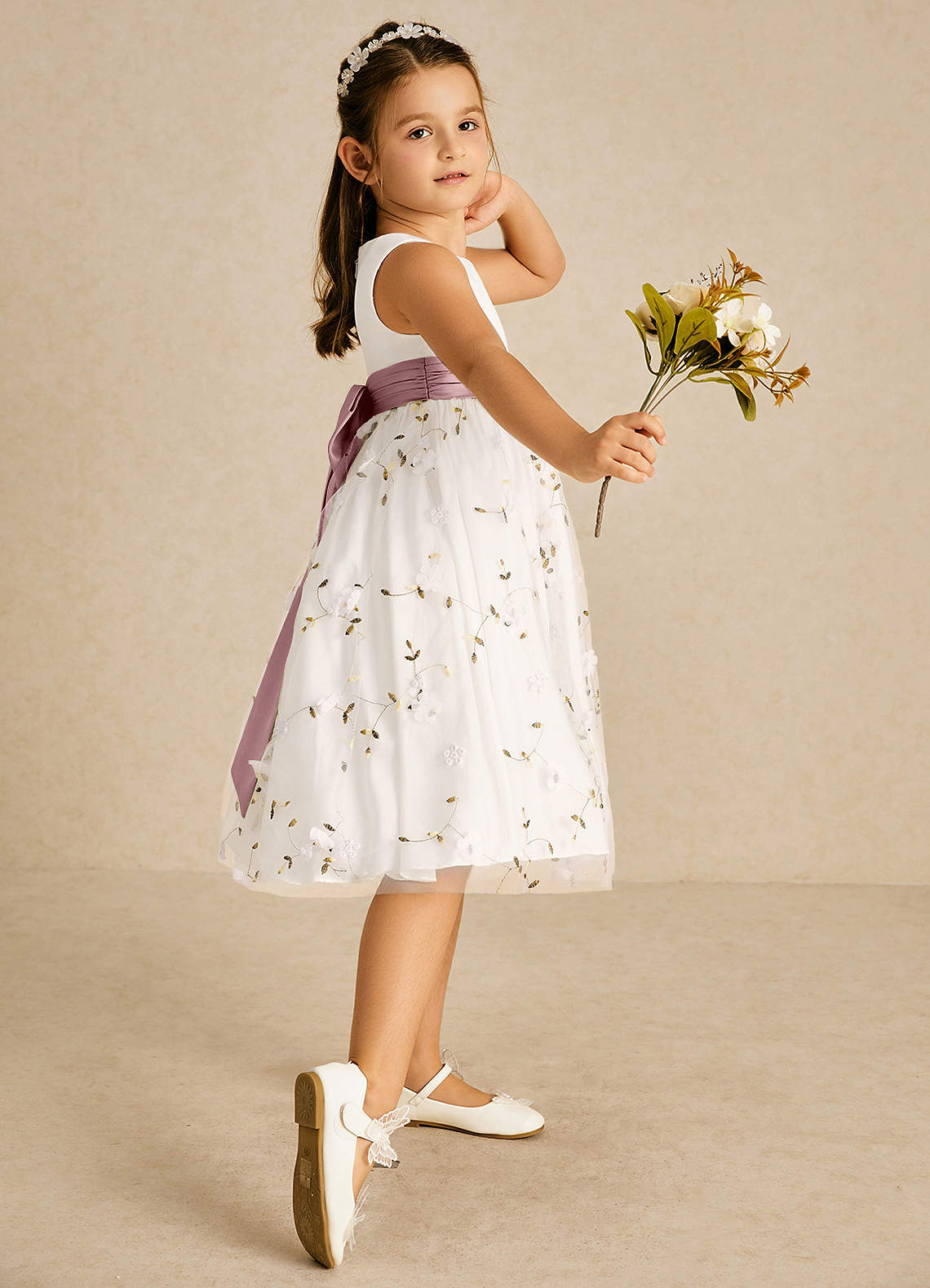 Azazie Pollie Flower Girl Dresses Ivory Dusty Rose A-Line Bow Tulle Dress image2