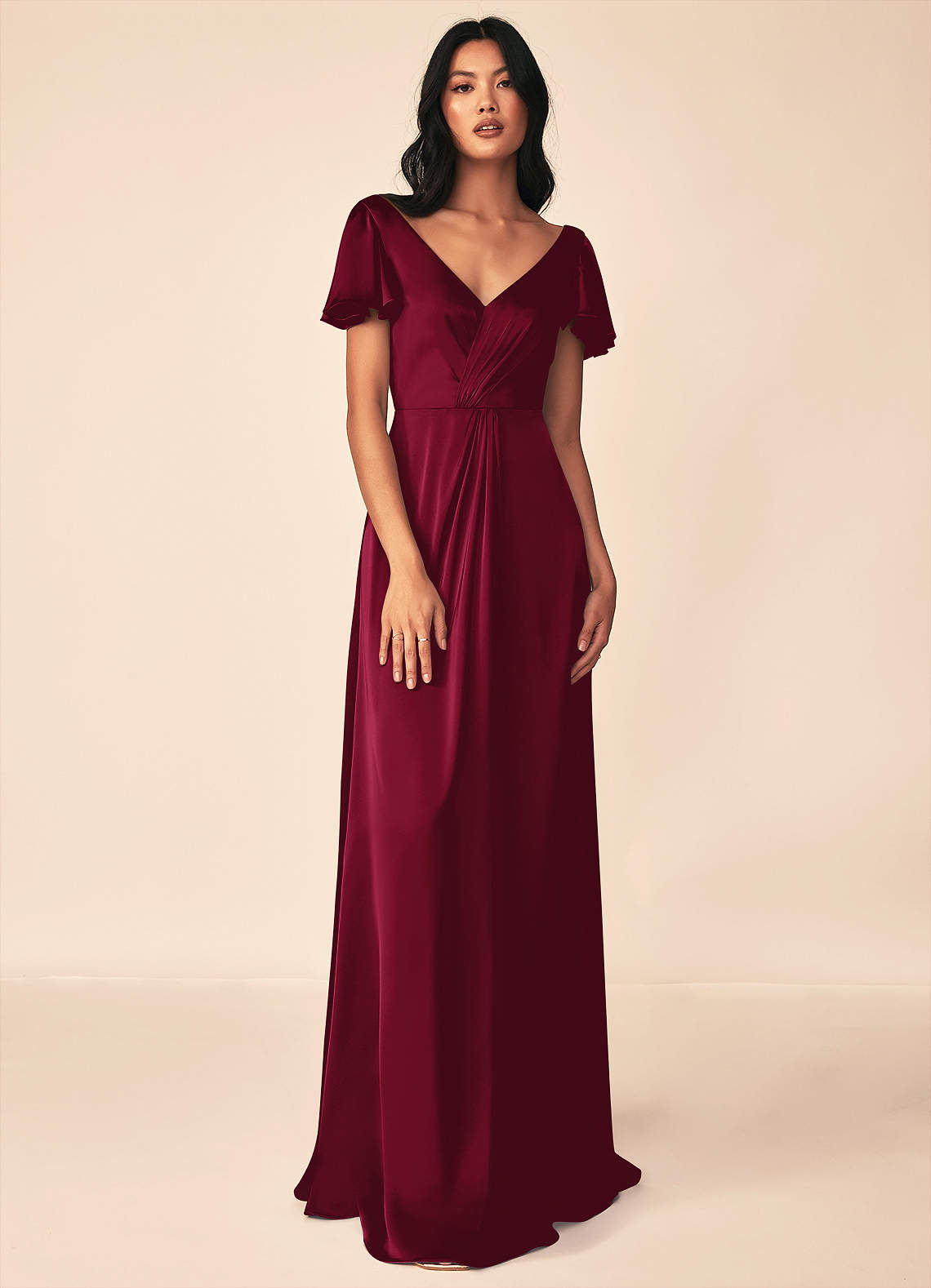 Azazie Plus Size A-Line V-Neck Floor-Length Stretch Satin Bridesmaid Dresses - Burgundy