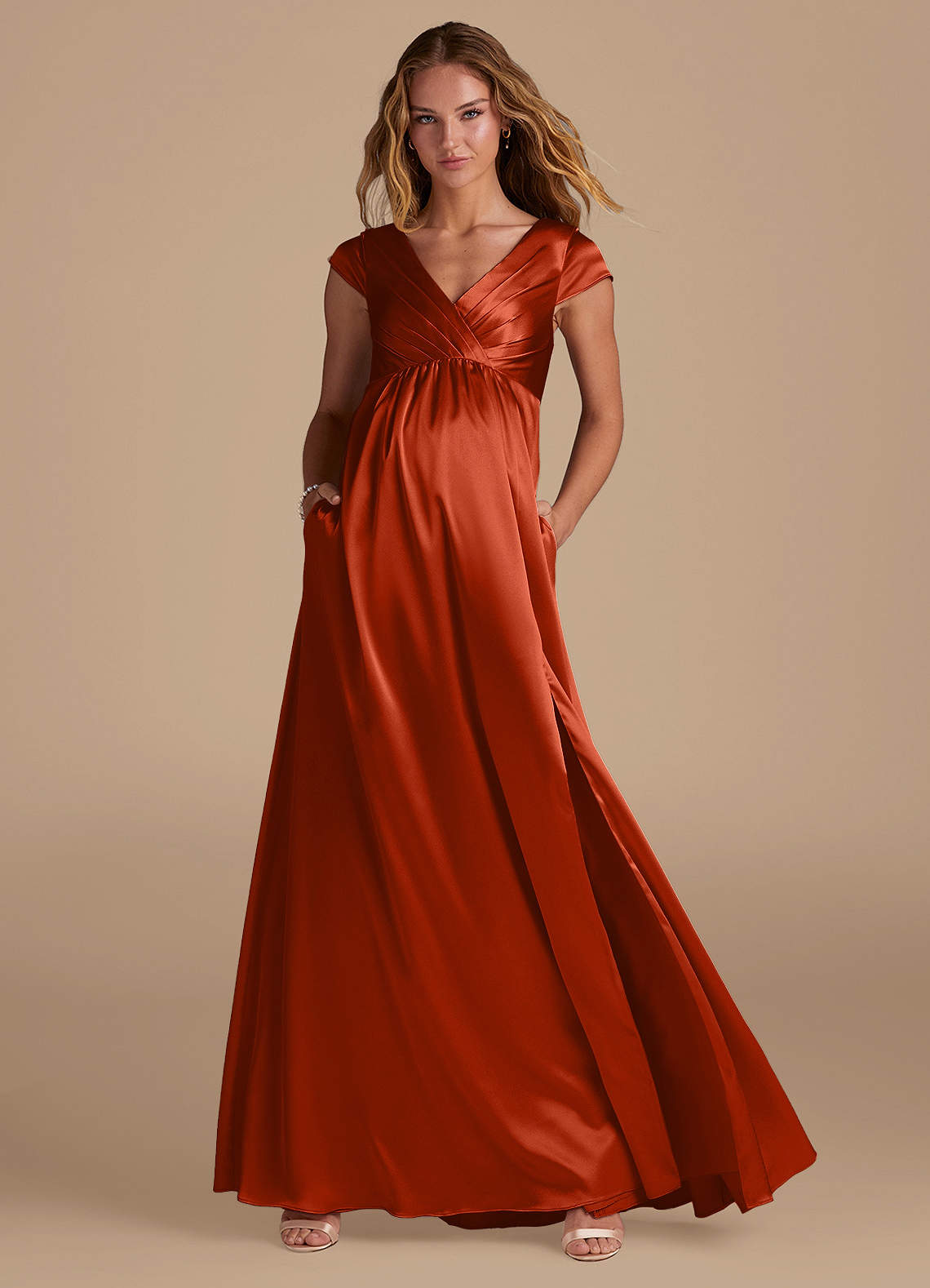 Azazie Allessia Maternity Bridesmaid Dresses A-Line Metallic Satin Floor-Length Dress image1