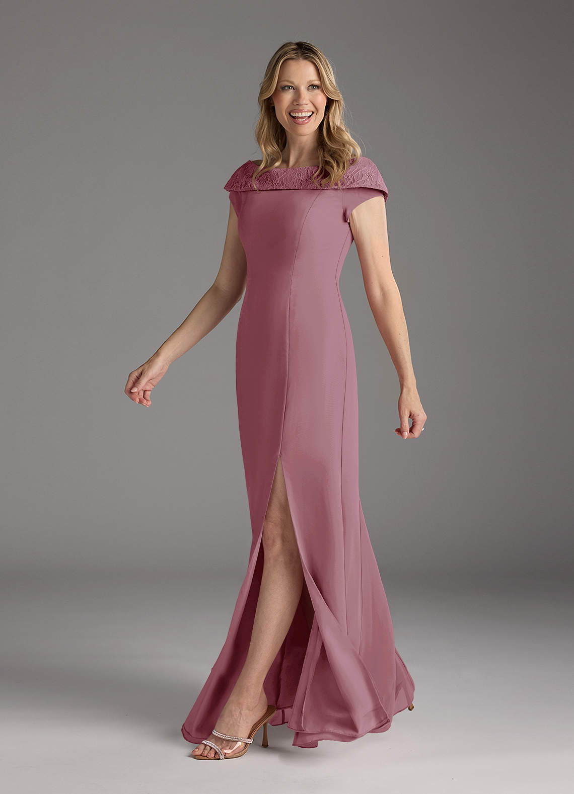 Azazie Cupid Mother of the Bride Dresses Vintage Mauve A-Line Boatneck Lace Chiffon Dress image1