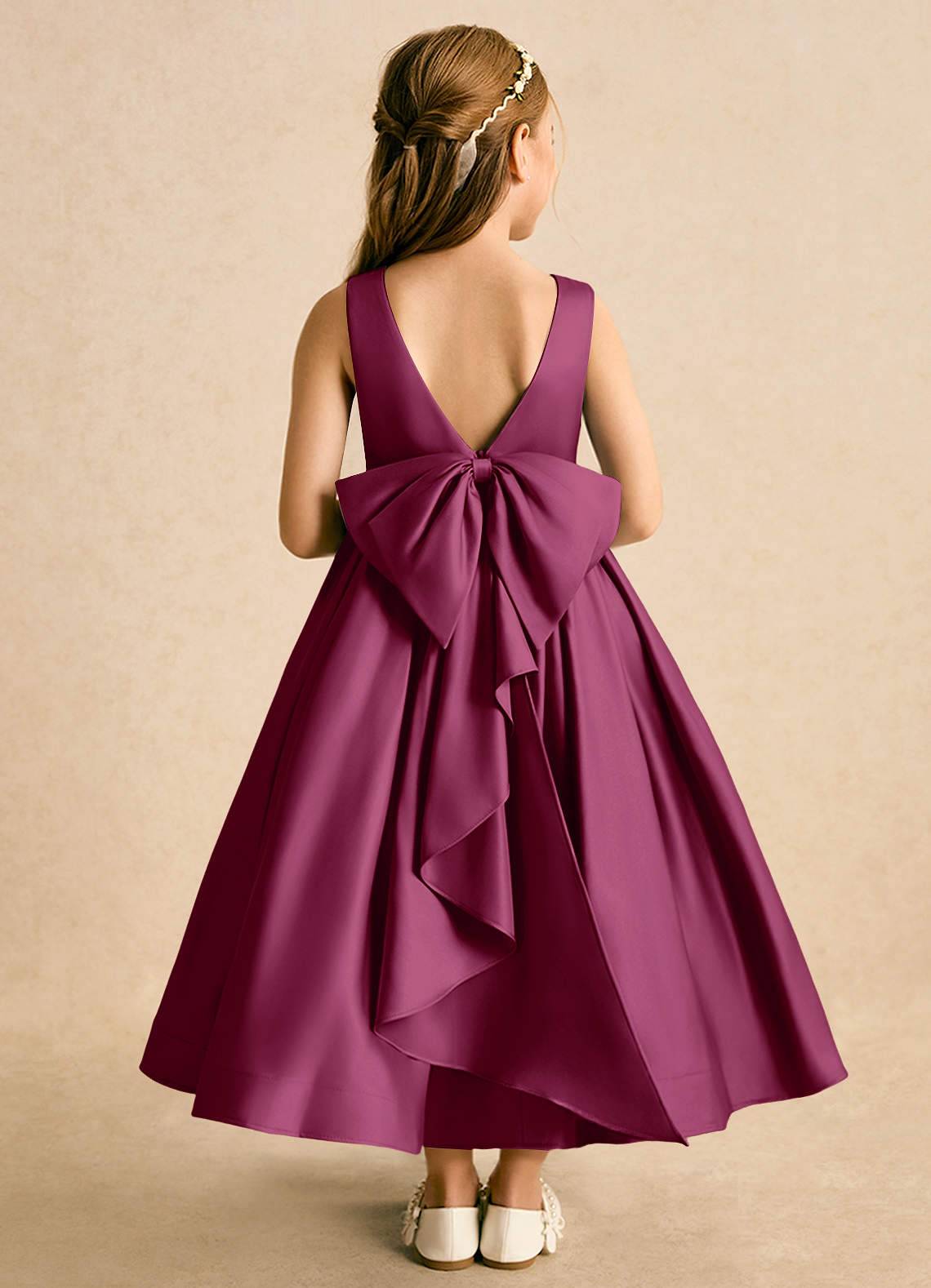 Azazie Cailee Flower Girl Dresses Mulberry Ball-Gown Pleated Matte Satin Dress image1