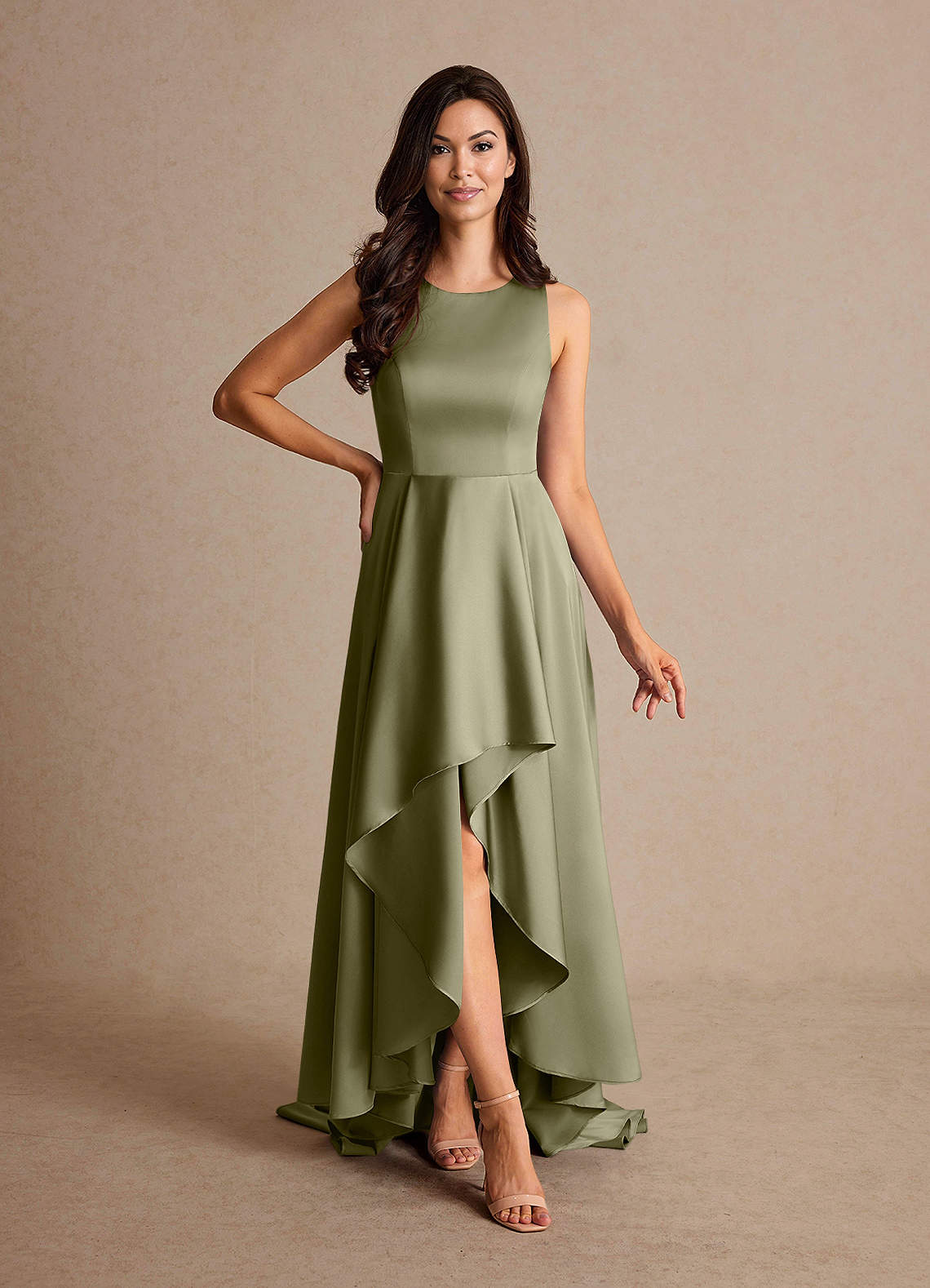 Azazie Niles Abiti per la Madre della Sposa Abito A-Line in Raso Elasticizzato Treni Pistacchio image1