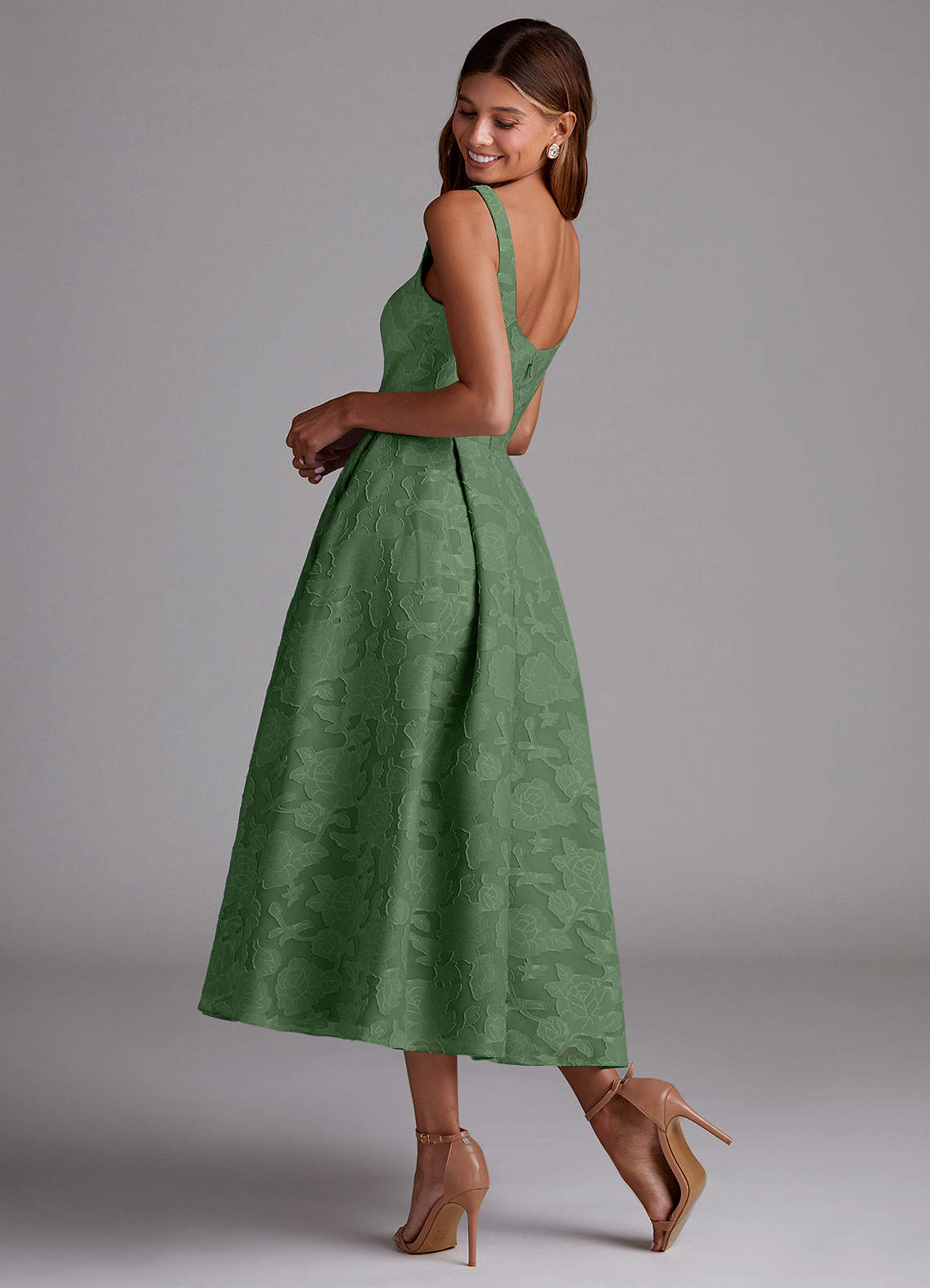 Azazie Amalie Bridesmaid Dresses Eucalyptus A-Line Pleated Floral Burnout Dress image1
