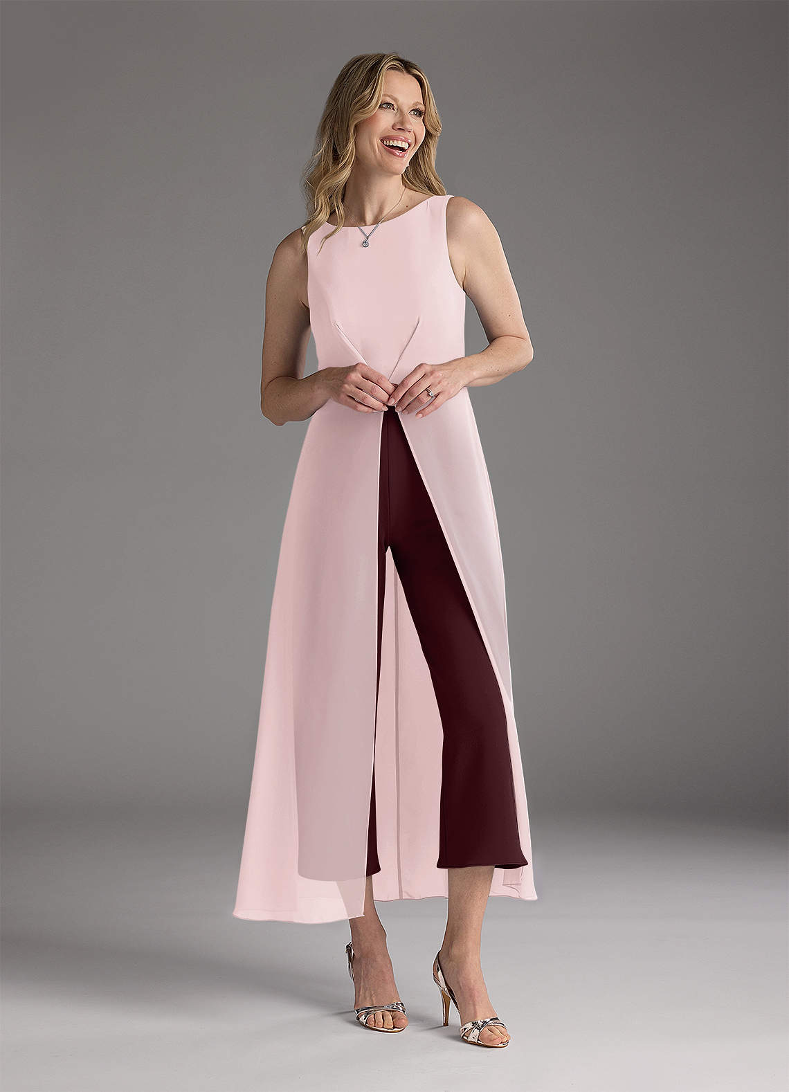 Azazie Anitta Mother of the Bride Dresses Blushing Pink Cabernet Jumpsuit/Pantsuit Pleated Stretch Crepe Dress image1