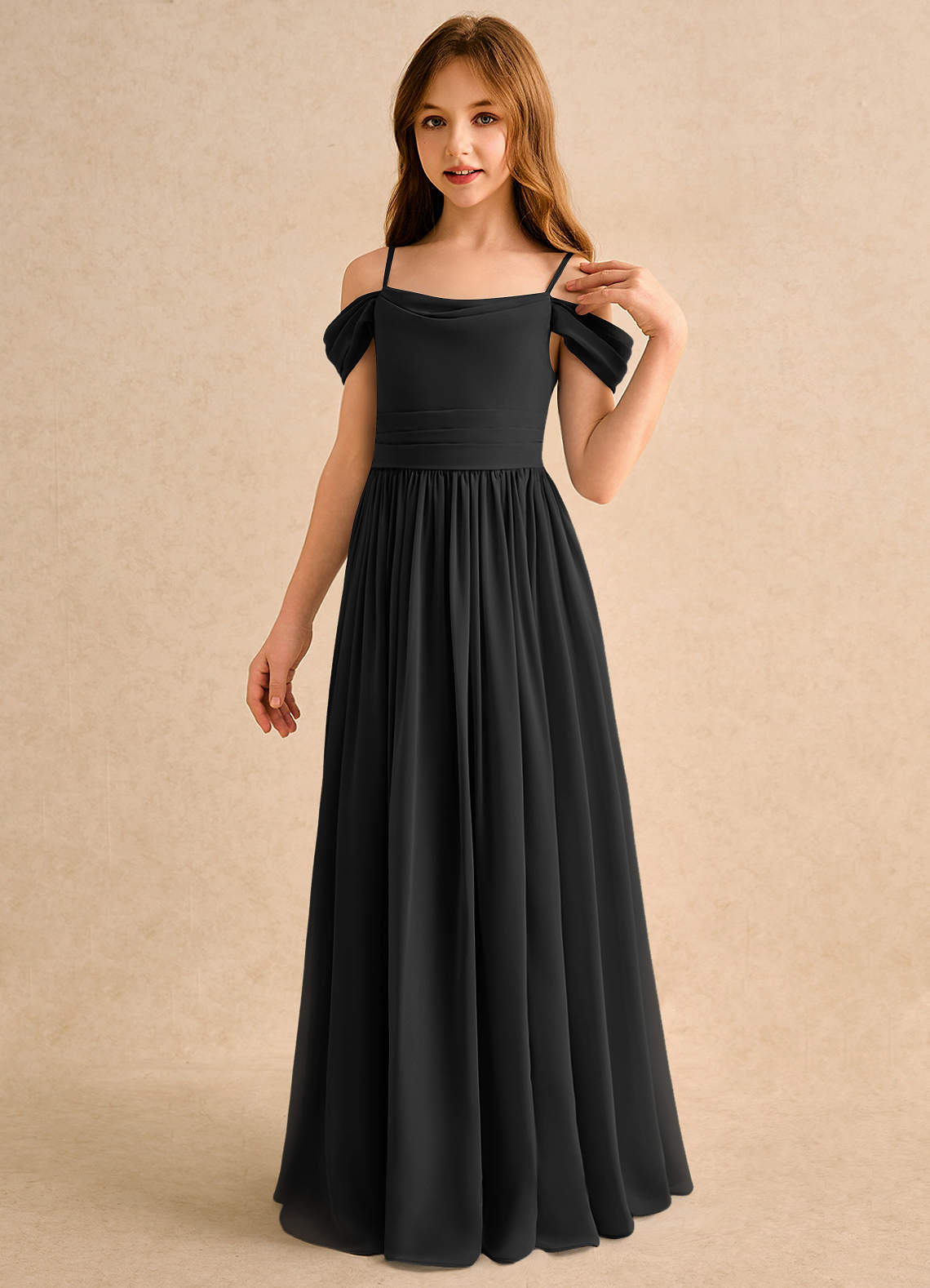 Azazie Shia Girls Formal Flower Girl Dresses Black A-Line Off the Shoulder Chiffon Dress image2