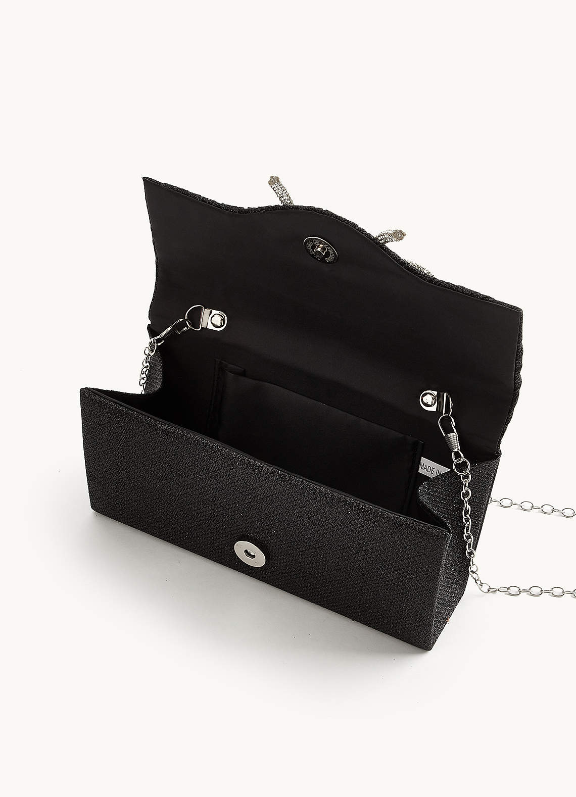 front Rhinestone Bow Pleated Flap Clutch
