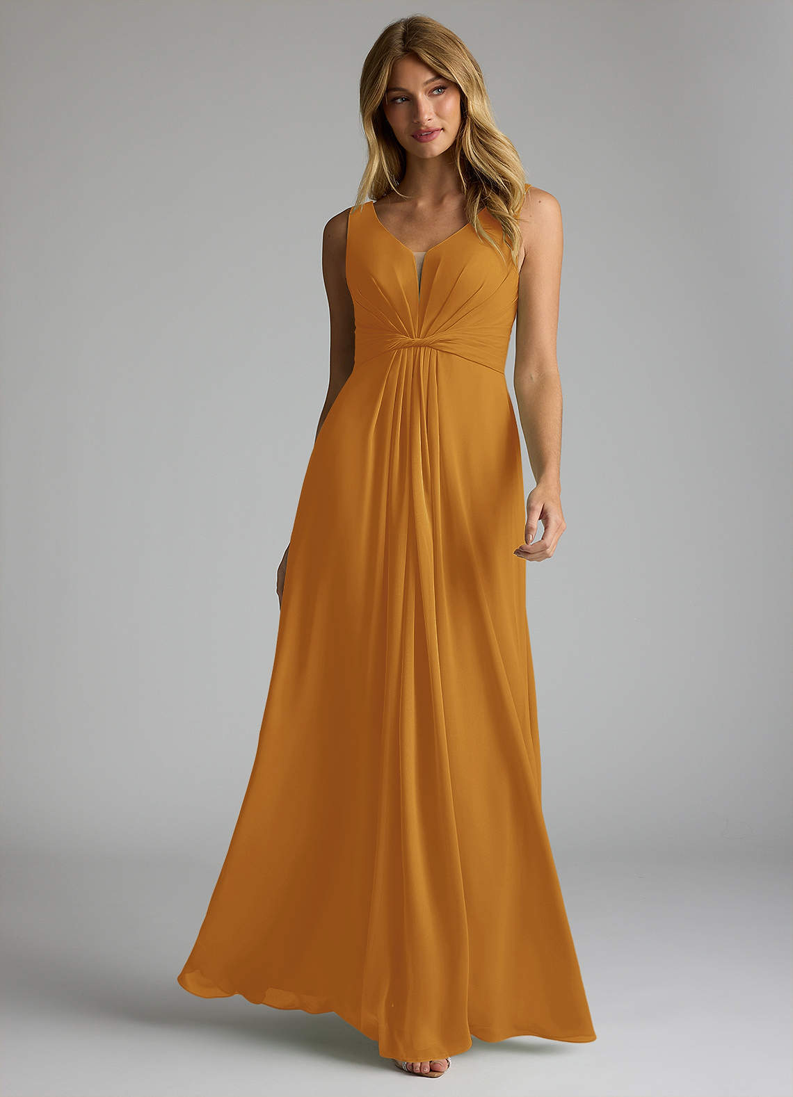 Azazie Gina Bridesmaid Dresses Butterscotch A-Line V-Neck Pleated Chiffon Dress image1