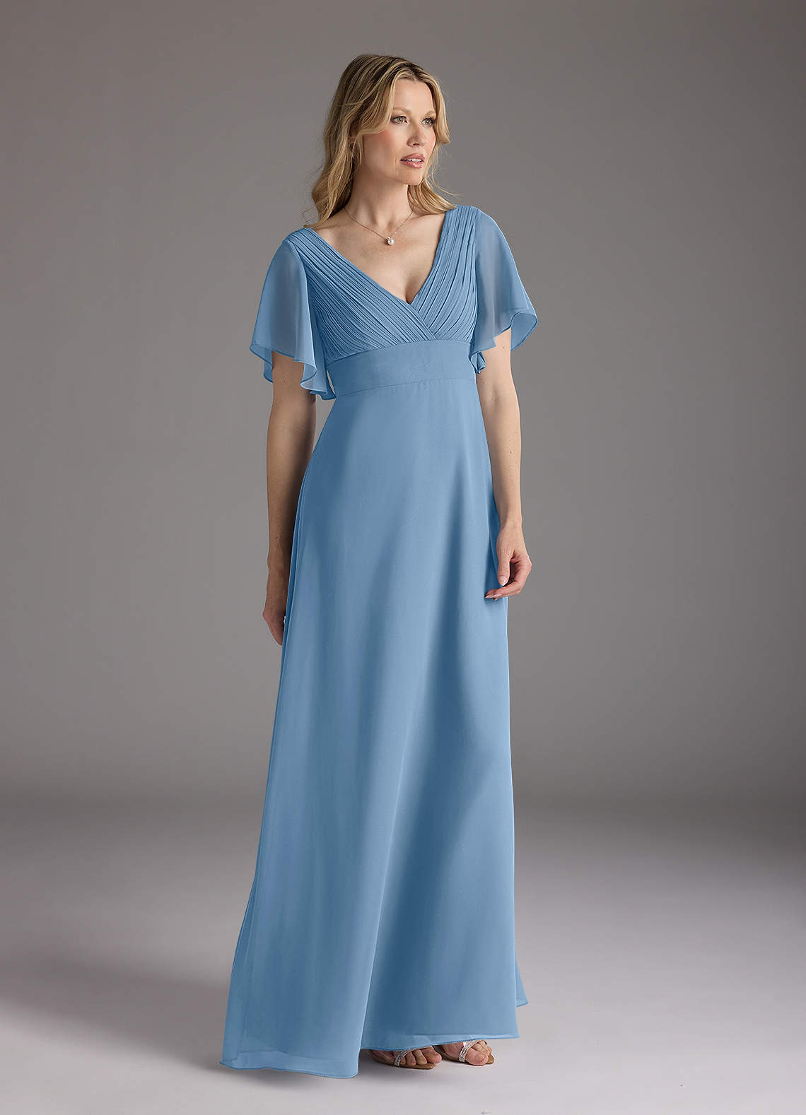 Azazie Alessa Mother of the Bride Dresses Steel Blue A-Line V-Neck Pleated Chiffon Dress image1