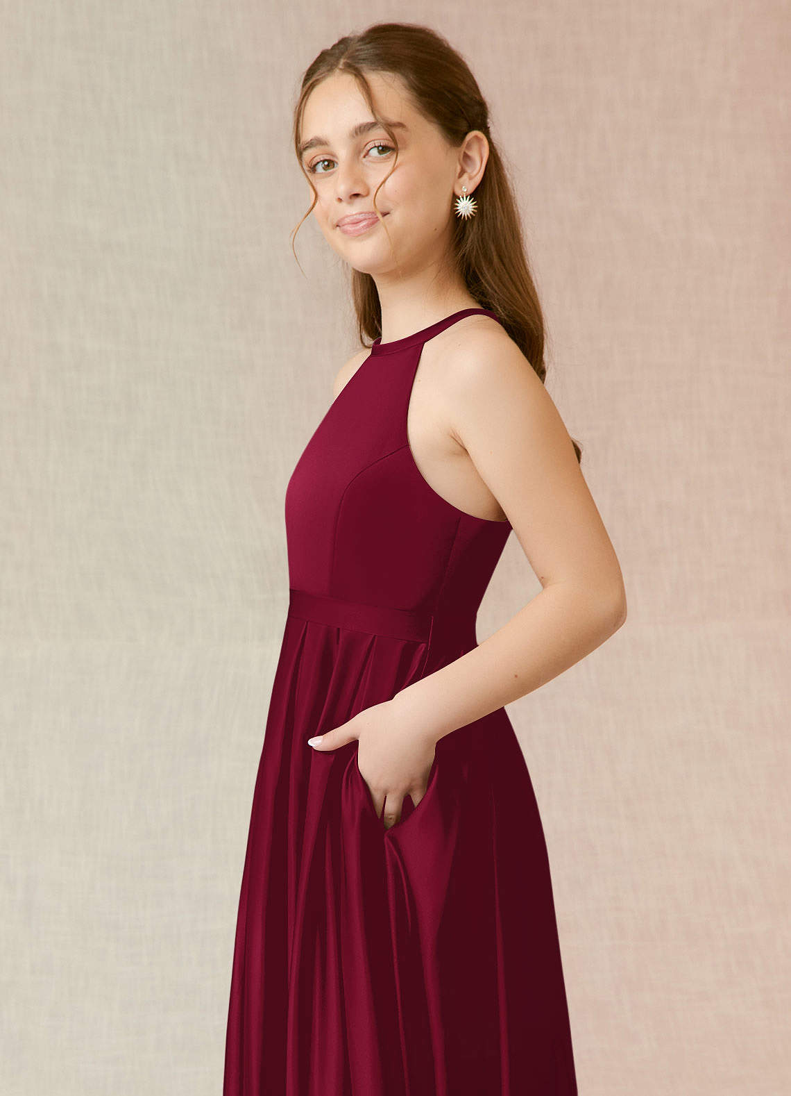 Azazie Arianthe Junior Burgundy A-Line with Pockets Stretch Satin Dress image5