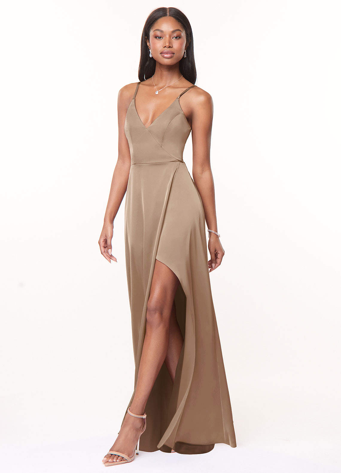 Azazie Maksim Taupe Stretch Satin Bridesmaid Dresses | Azazie CA