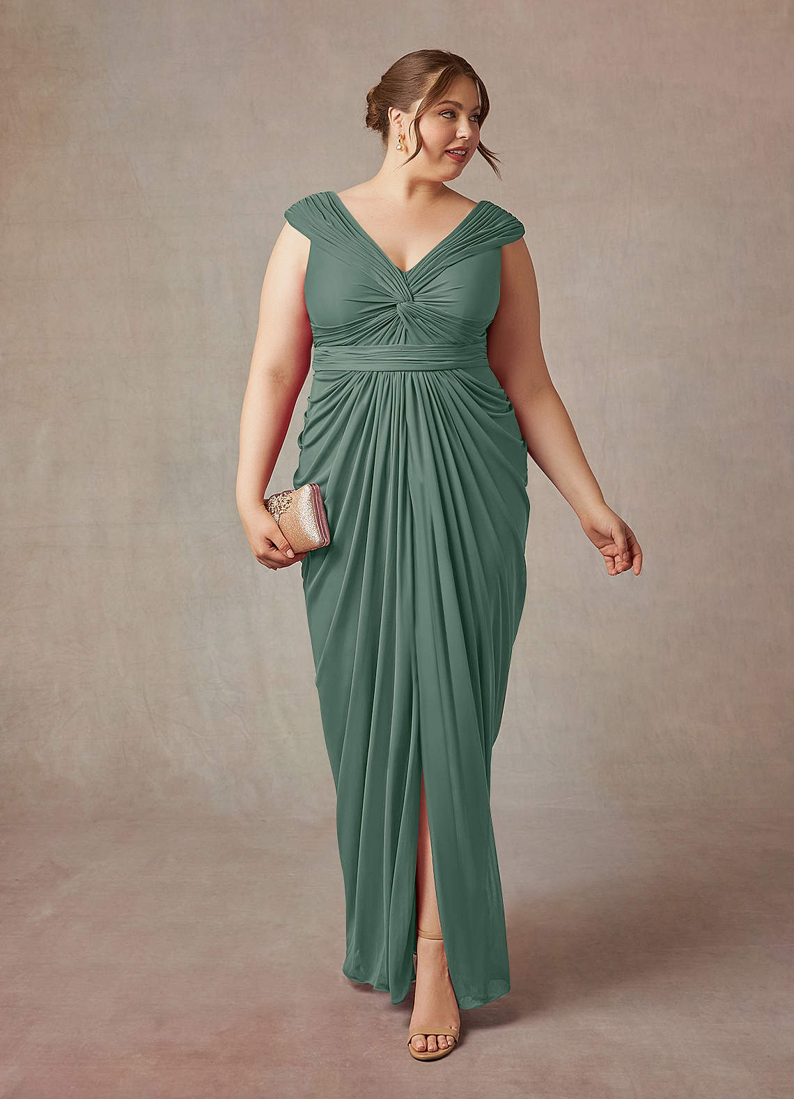 Azazie Lisolette Final Sale Agave Sheath Pleated Mesh Dress image1