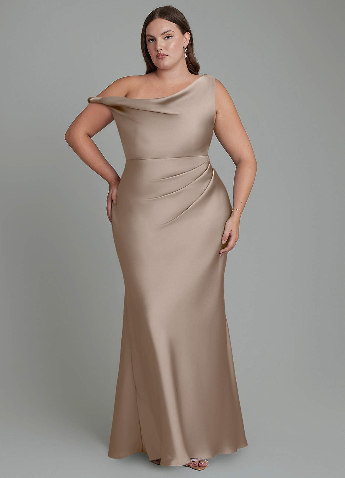Azazie Emerson Bridesmaid Dresses Taupe Mermaid Off the Shoulder Stretch Satin Dress image1