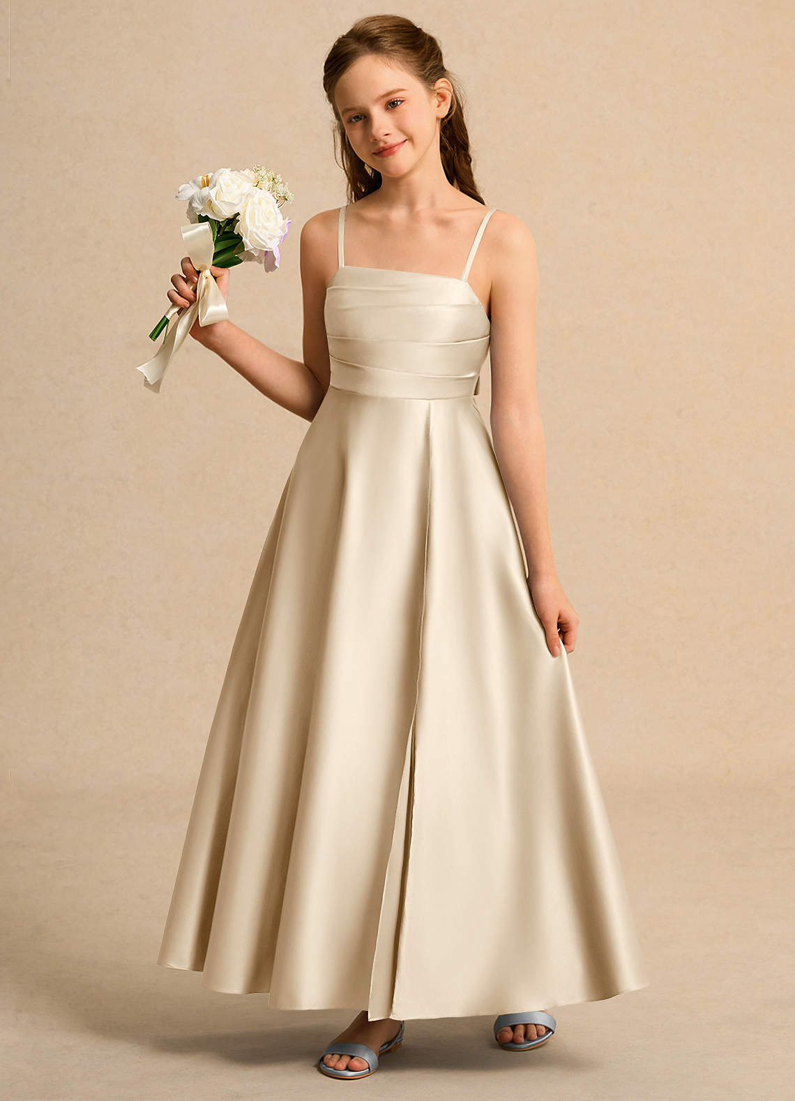 Azazie A-Line/Princess Scalloped Neck Ankle-Length Matte Satin Flower Girl Dresses - Champagne