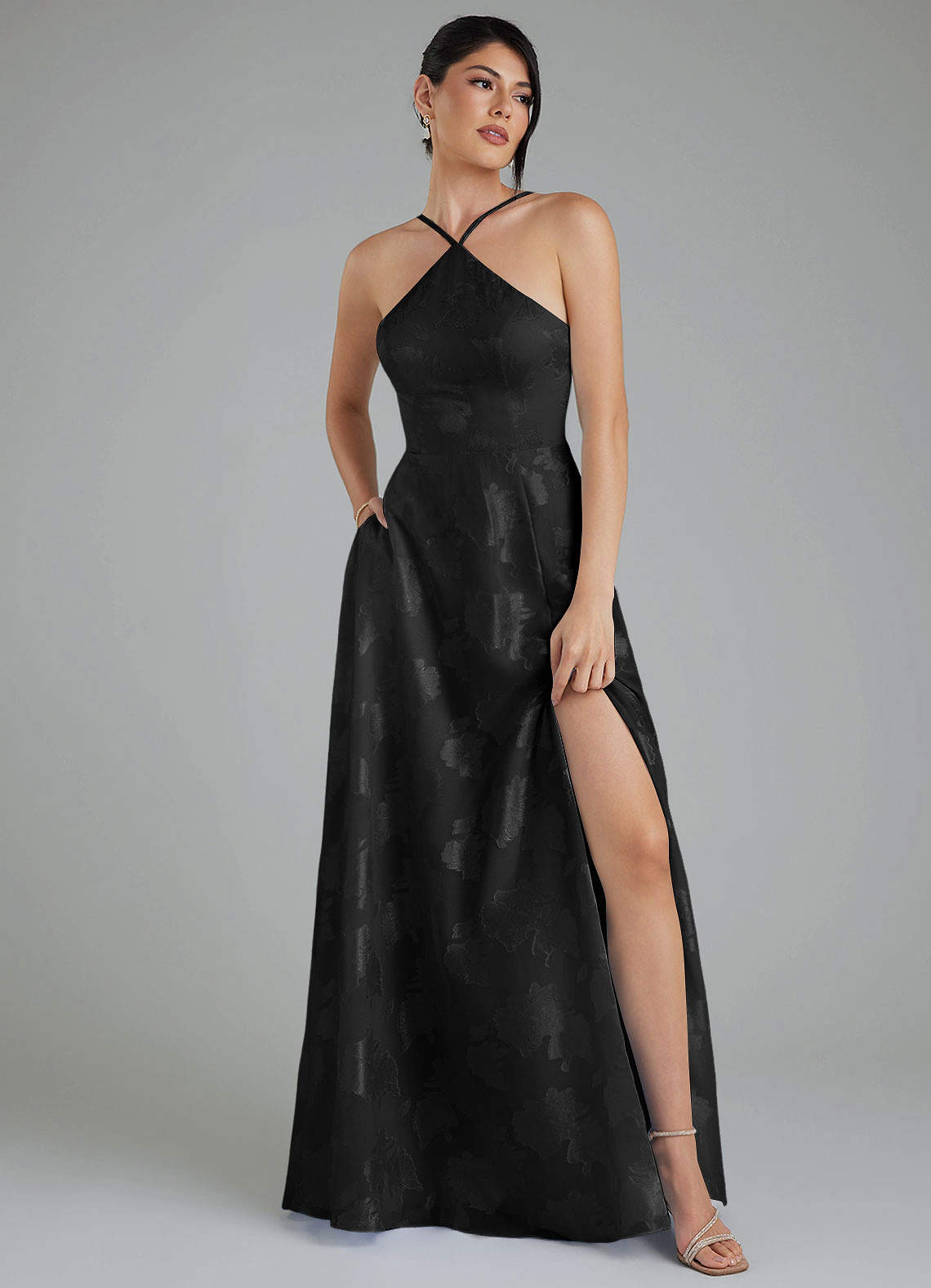 black jacquard bridesmaid dress Azazie A-Line Halter Neck Floor-Length Floral Burnout Dresses metallic jacquard dress