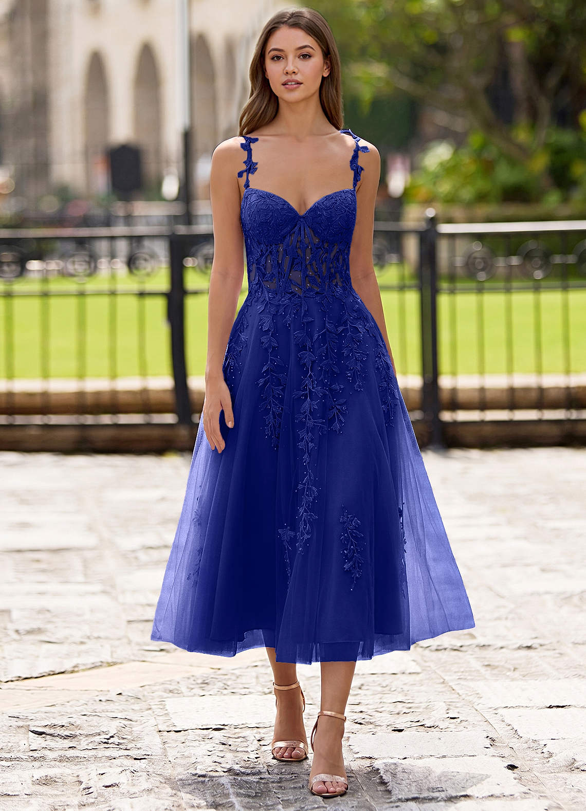 Zosia Royal Blue Lace A-line Lace Up Back Midi Dress | Azazie