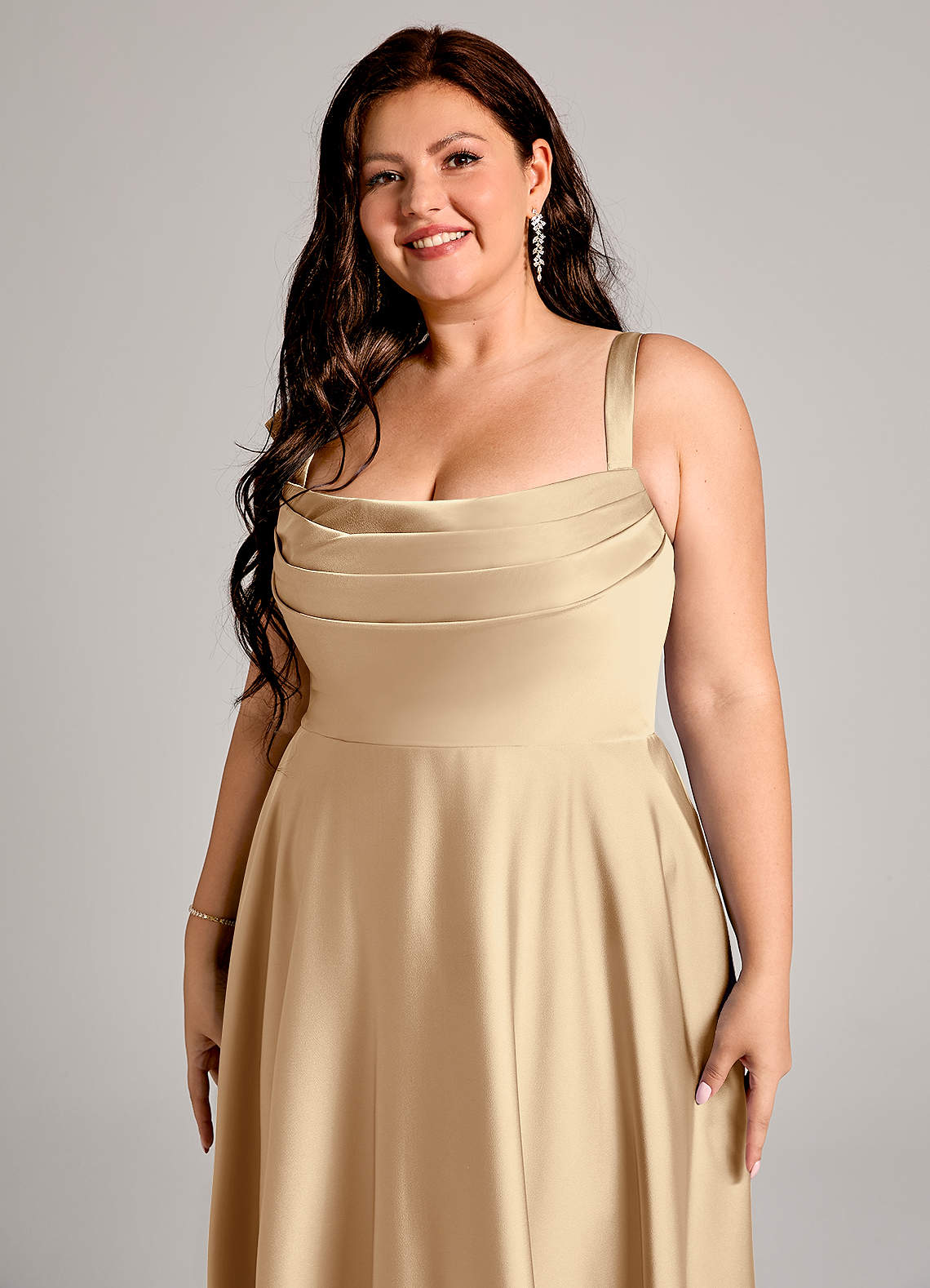 Azazie Shaude Bridesmaid Dresses Champagne A-Line Pleated Stretch Satin Dress image8