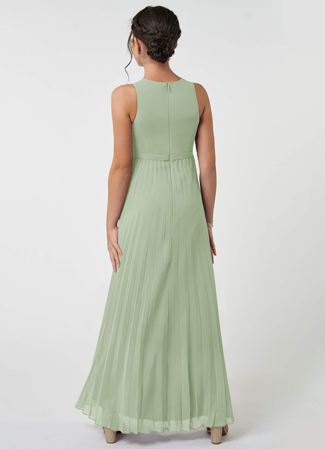 Azazie Lindie Junior Abito A-Line in Chiffon Plissettato Verde Salvia image1