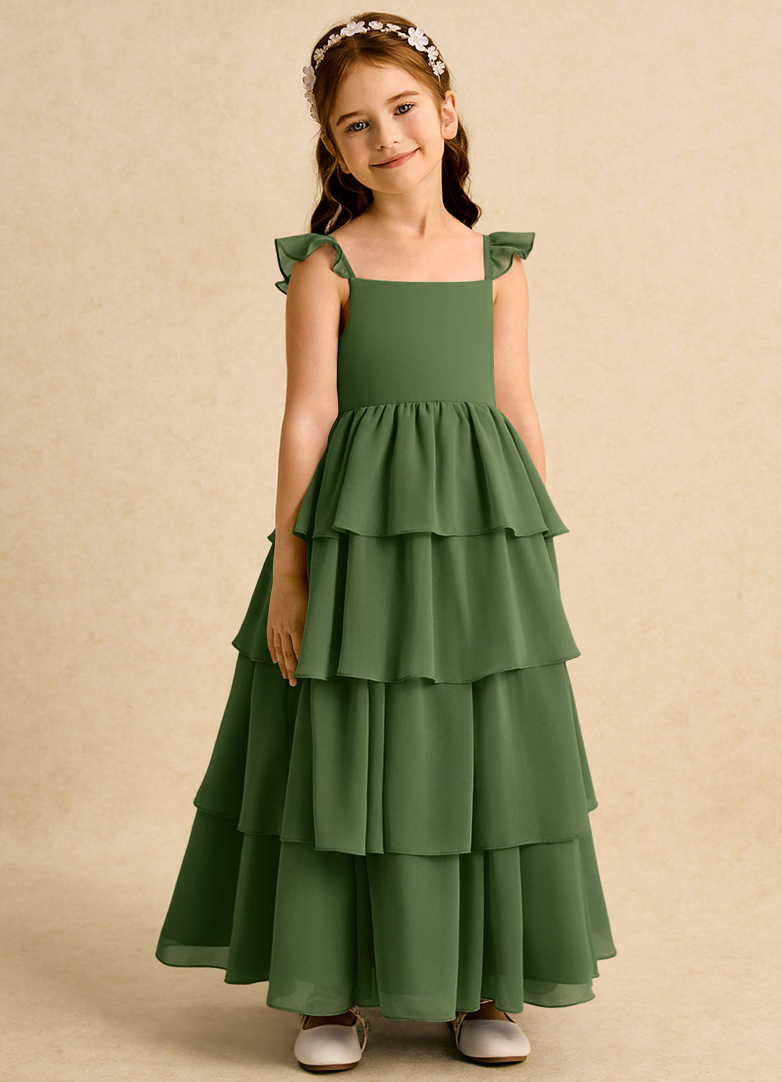 Azazie Boba vestidos de niña de las flores Vestido de Oliva de Gasa de Corte En A con Escote Cuadrado image1