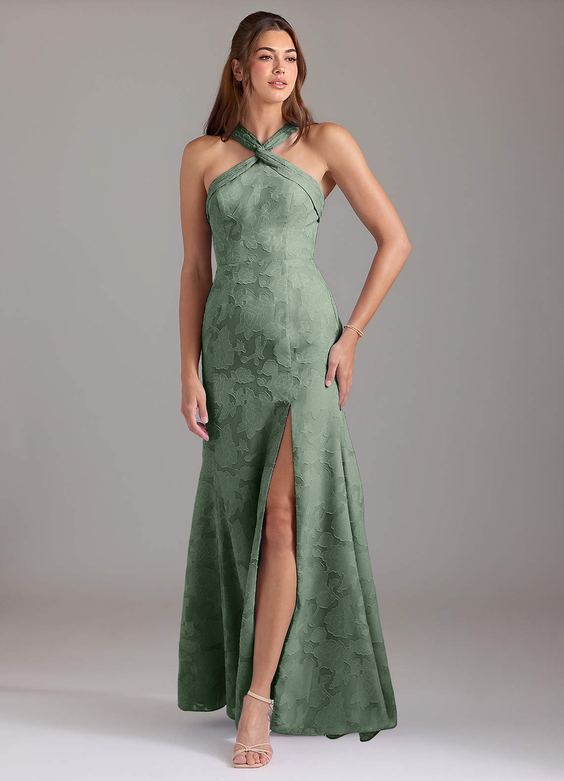 Azazie Rue Bridesmaid Dresses Matcha A-Line Pleated Floral Burnout Dress image1
