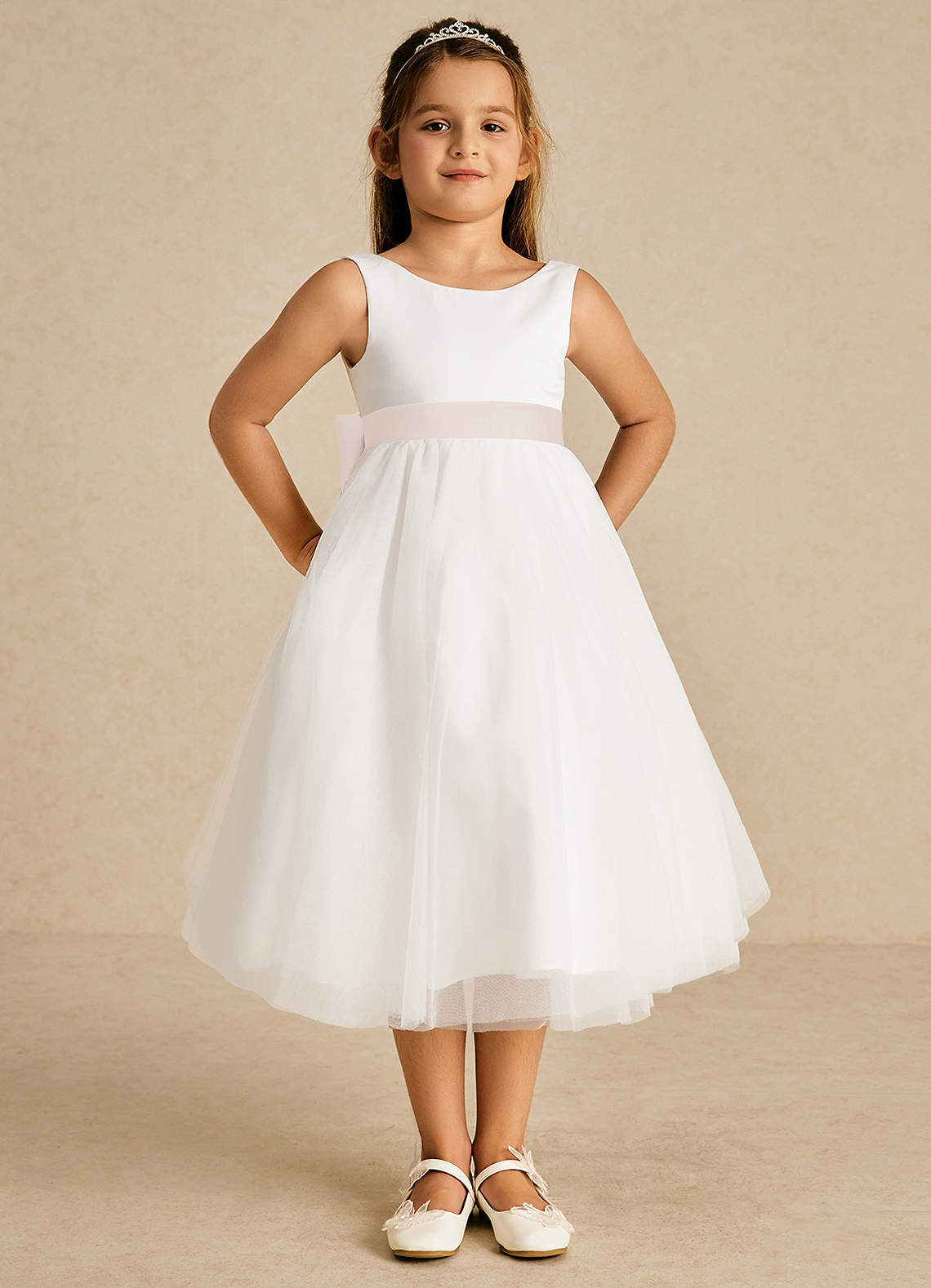 Azazie Kavi Flower Girl Dresses Ivory Rose Petal A-Line Bow Matte Satin Dress image1