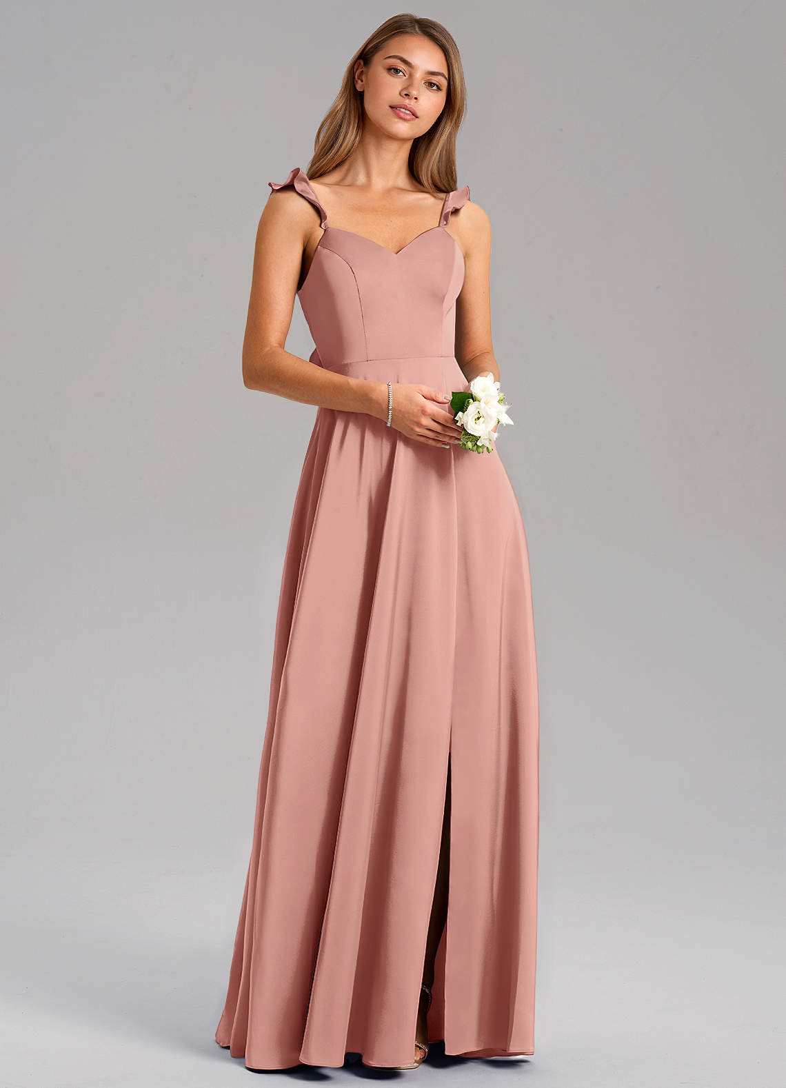 Azazie Everett Bridesmaid Dresses Rosette A-Line Stretch Satin Dress image1
