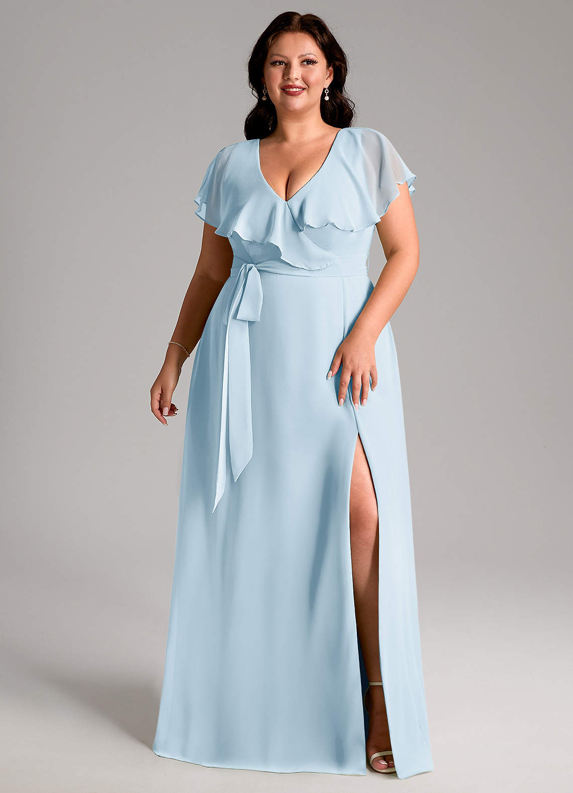 Azazie In-Stock Bridesmaid Dresses A-Line V-Neck Floor-Length Chiffon - Sky Blue