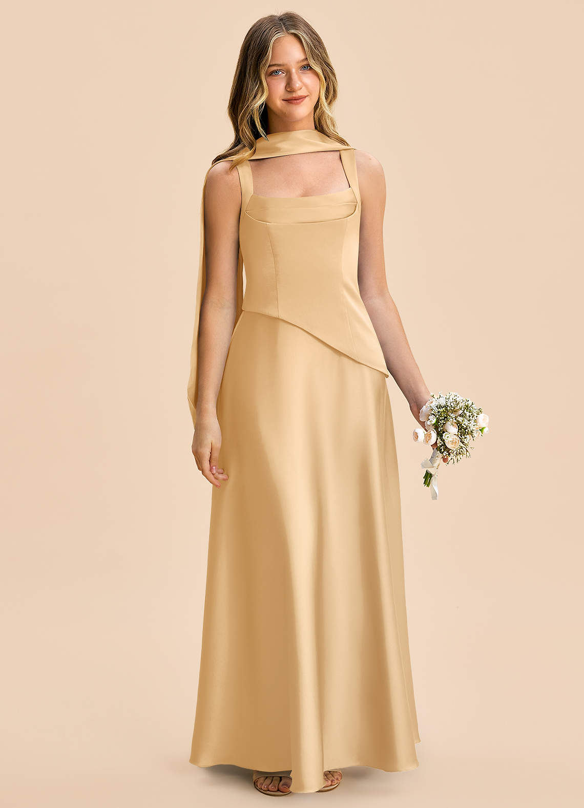 gold juniors dress Azazie Carmyn Junior Bridesmaid in Style_aline