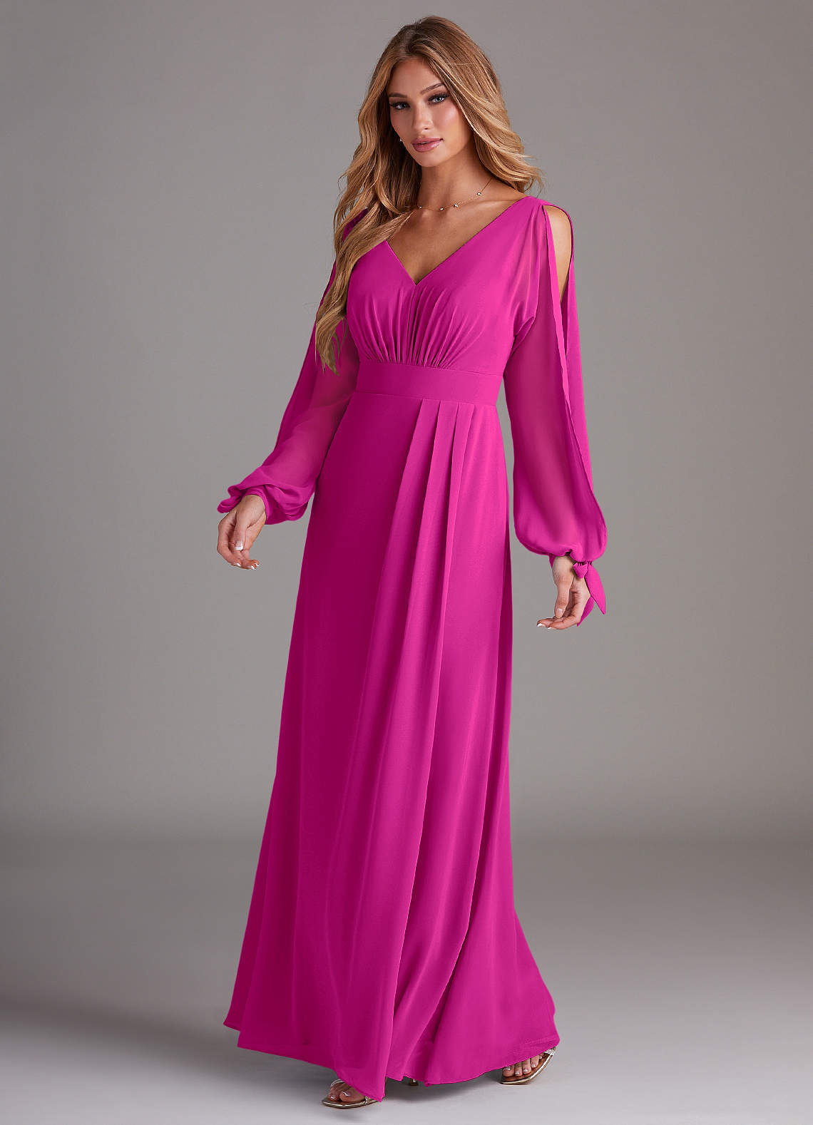 Azazie Matilda Robes de demoiselle d'honneur Robe Trapèze en Mousseline de soie Manche longue Fuchsia image1