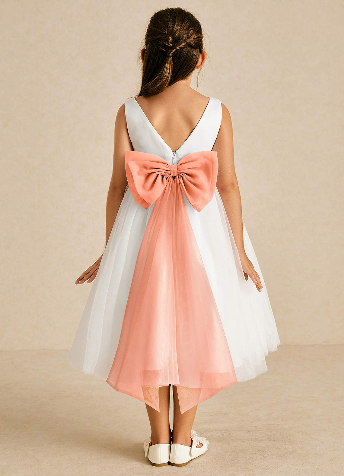 Azazie Kavi Flower Girl Dresses Ivory Sunset A-Line Bow Matte Satin Dress image1