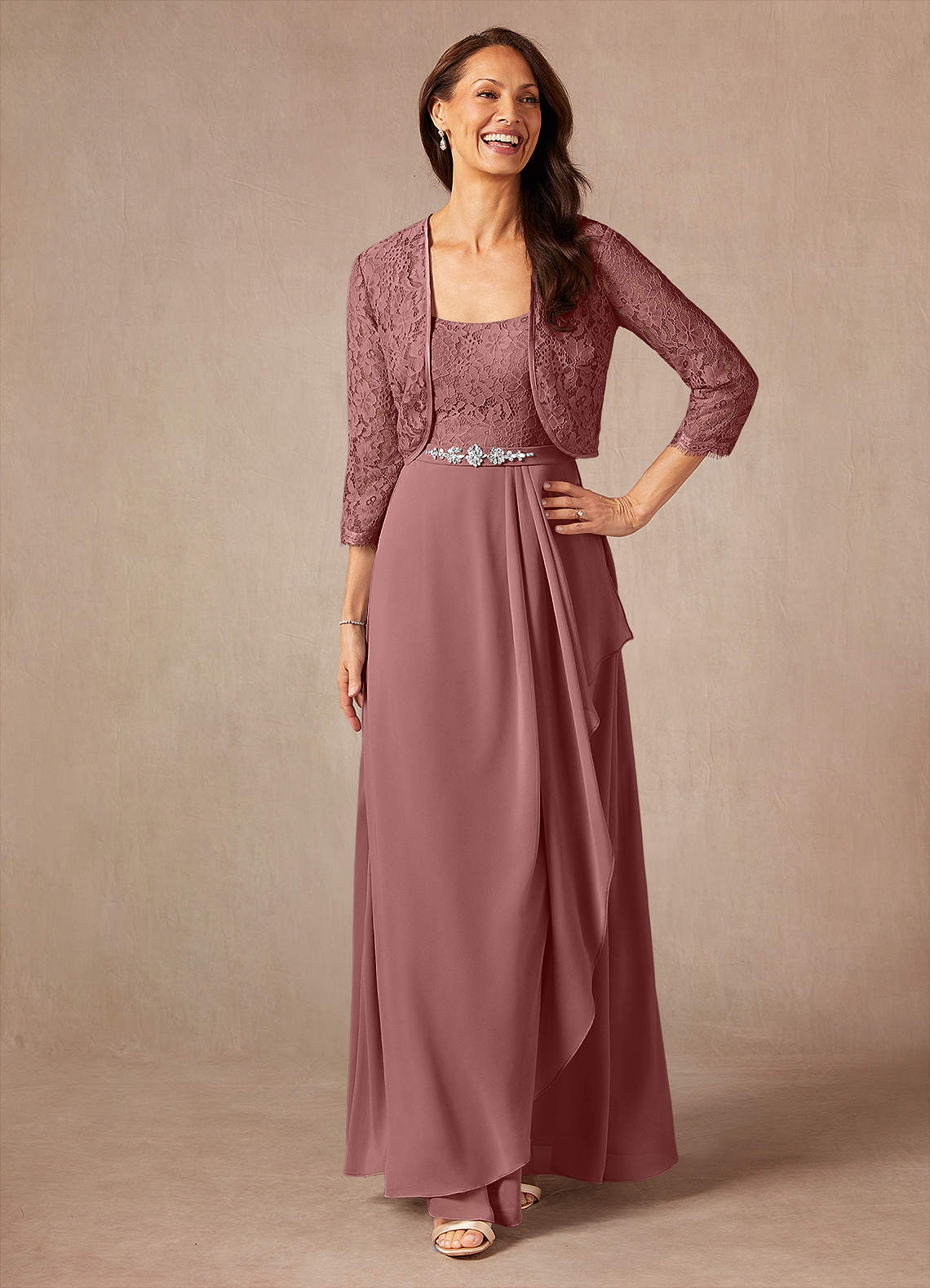Azazie Ainsling Kleider für die Brautmutter A-Linie Quadratischer Ausschnitt Spitze Chiffon Kleid Wüstenrose image1