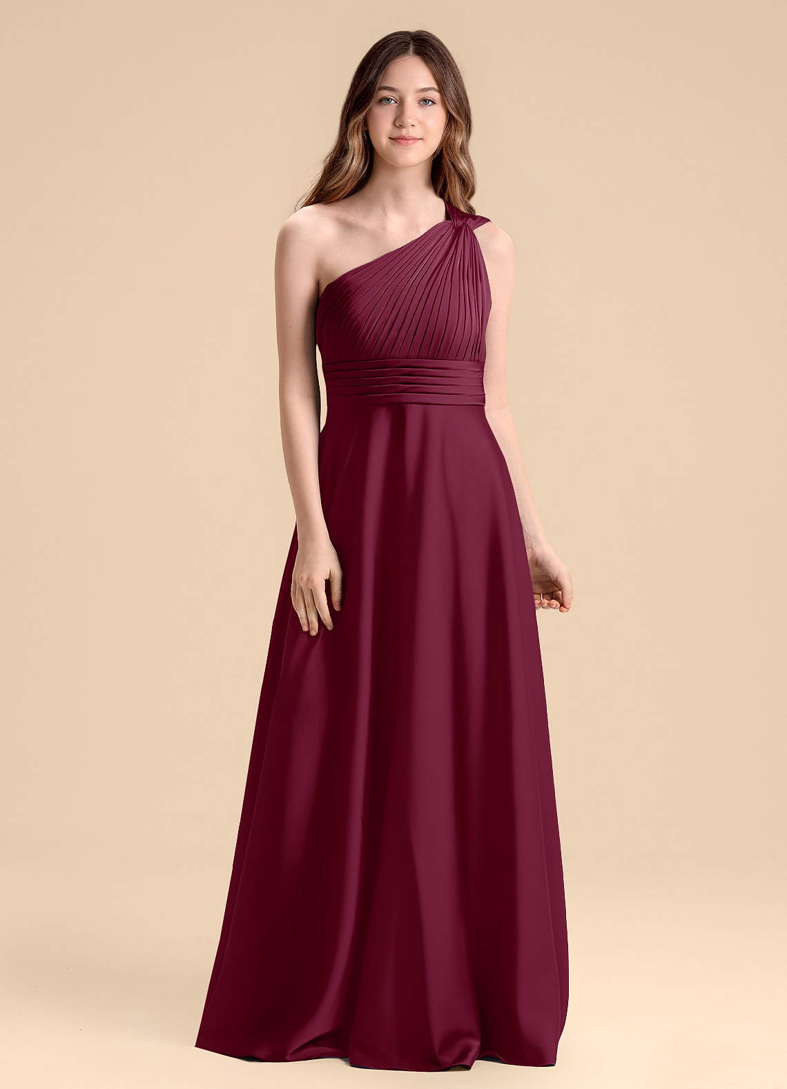 Azazie Charlize Junior Mulberry A-Line Pleated Stretch Satin Dress image1