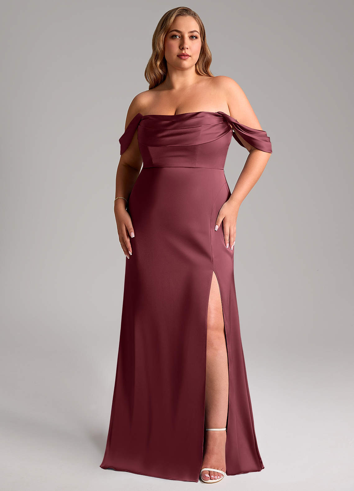 Azazie Saige Bridesmaid Dresses Merlot Sheath Off the Shoulder Stretch Satin Dress image1