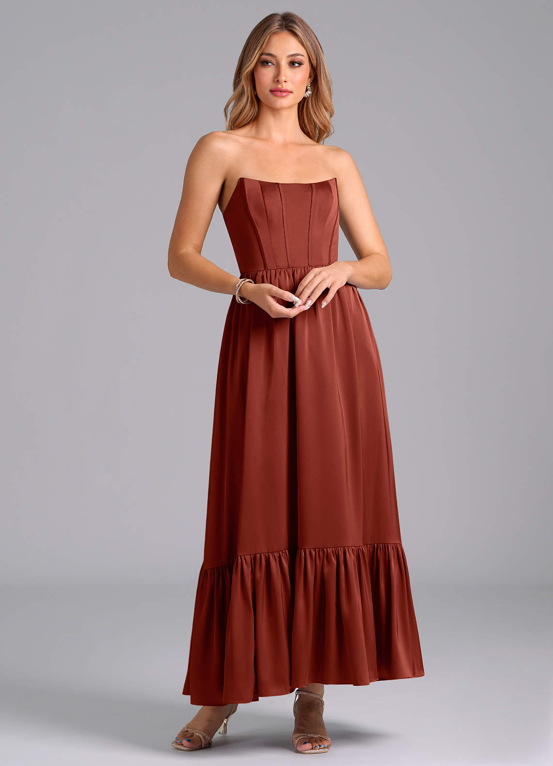 Azazie Leilana Brautjungfernkleider A-Linie Korsett Stretch-Satin Kleid Terrakotta image1