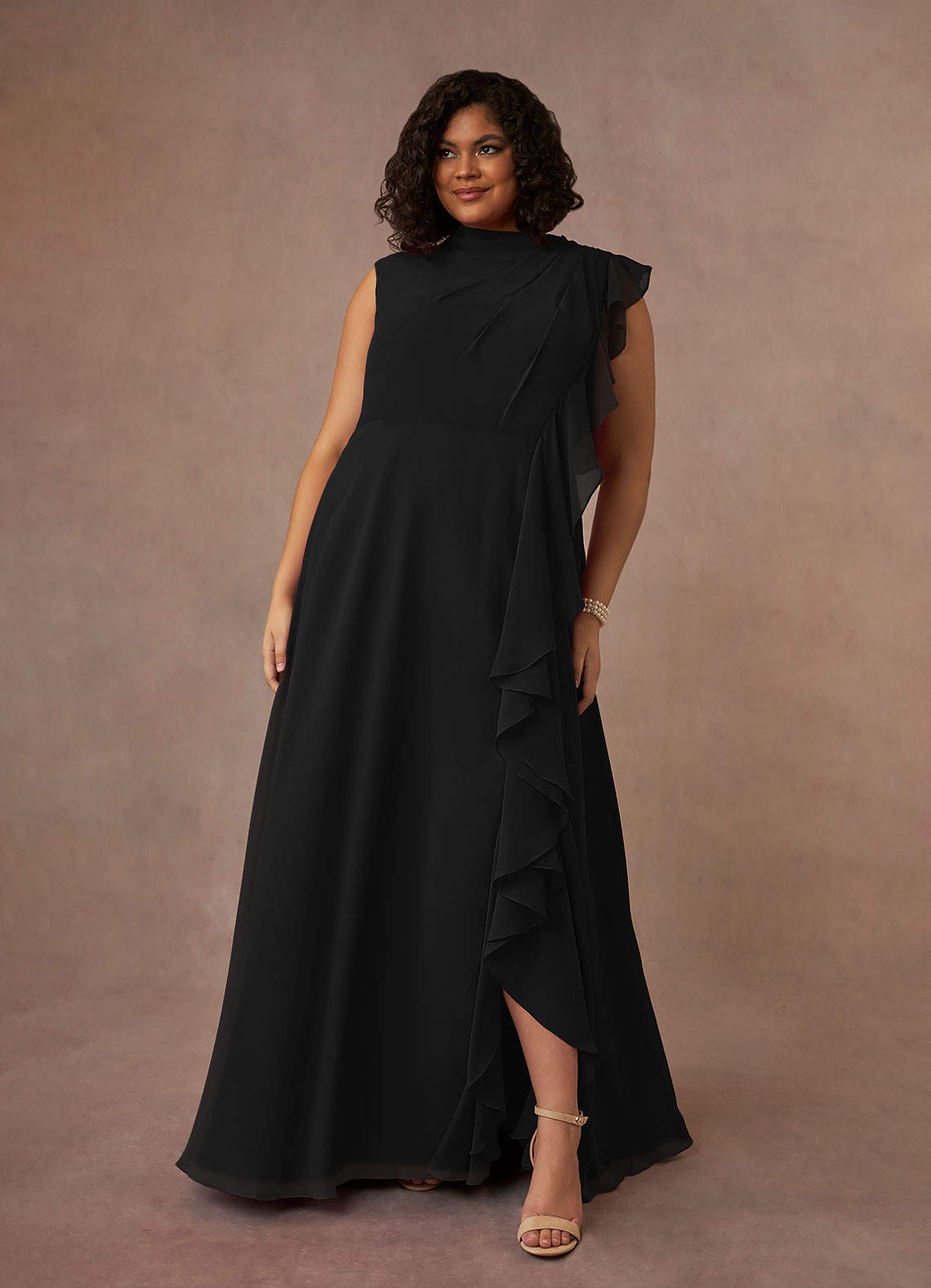 Azazie Narine Mère de la mariée Robes Robe Trapèze en Mousseline de soie Encolure haute plissée Noir image1