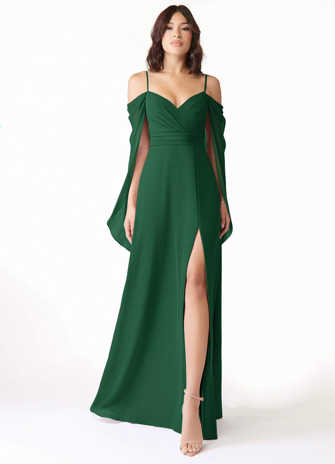 Azazie Cienna Bridesmaid Dresses Dark Green A-Line Off the Shoulder Chiffon Dress image1