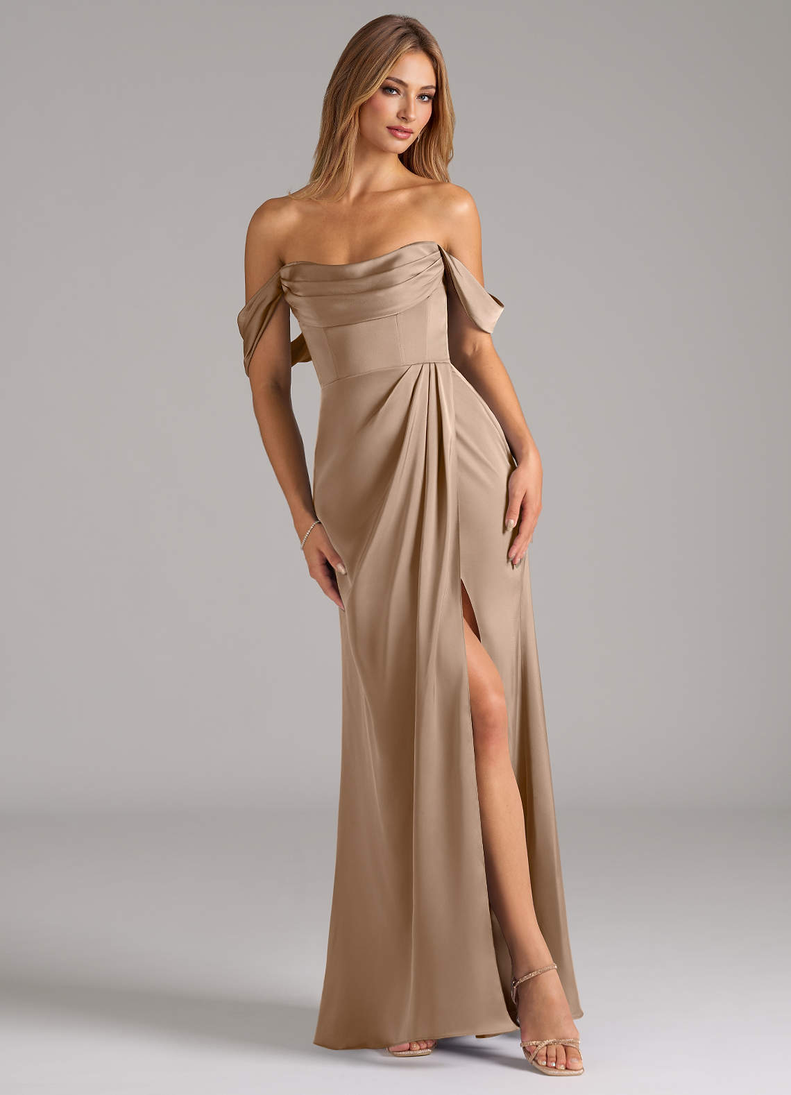 Azazie Johana Bridesmaid Dresses Taupe Mermaid Off the Shoulder Stretch Satin Convertible Dress image1