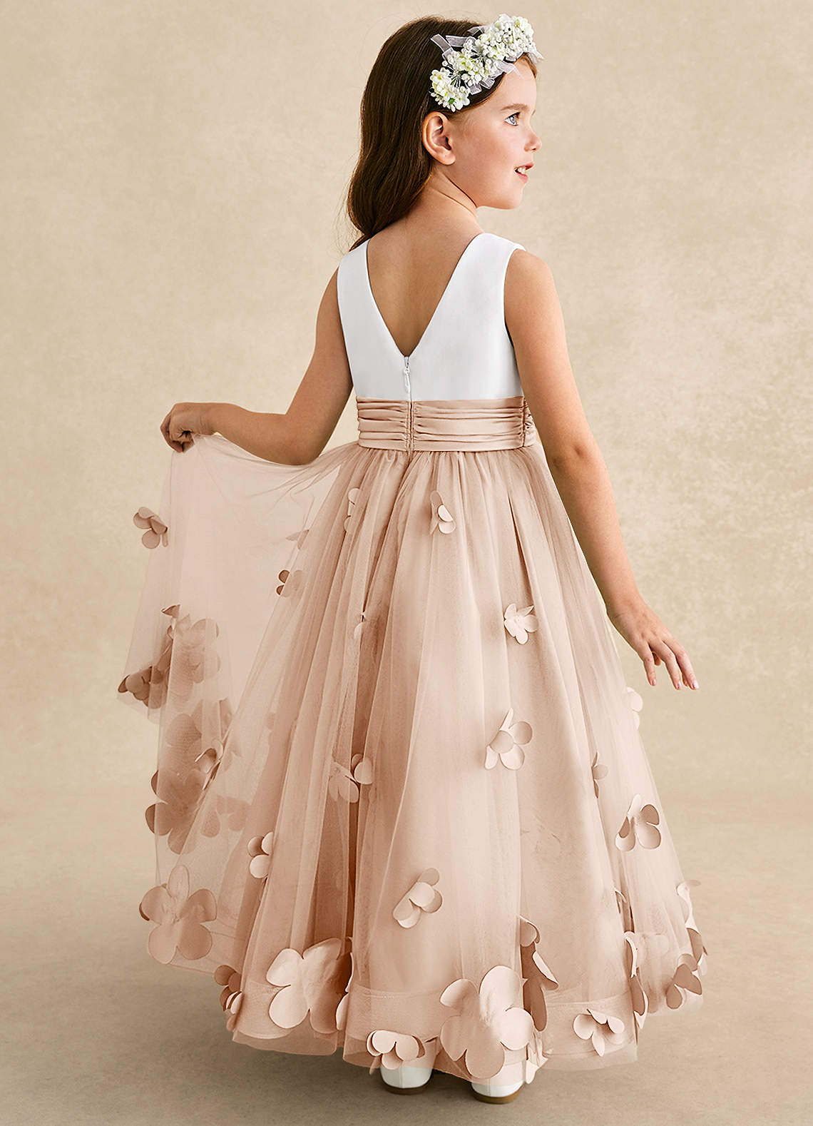 Azazie Vi vestidos de niña de las flores Vestido de Rosa Inglesa de Tul de Corte En A con Sin mangas image1