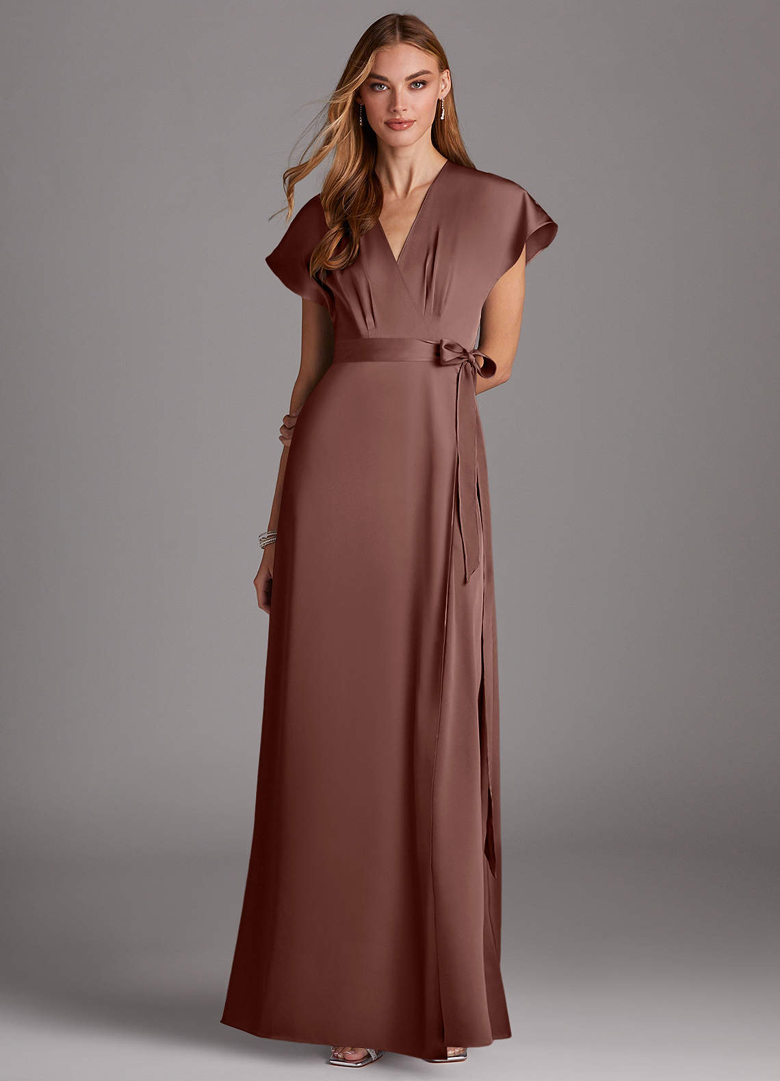 Azazie Nico Bridesmaid Dresses Espresso A-Line V-Neck Stretch Satin Dress image1