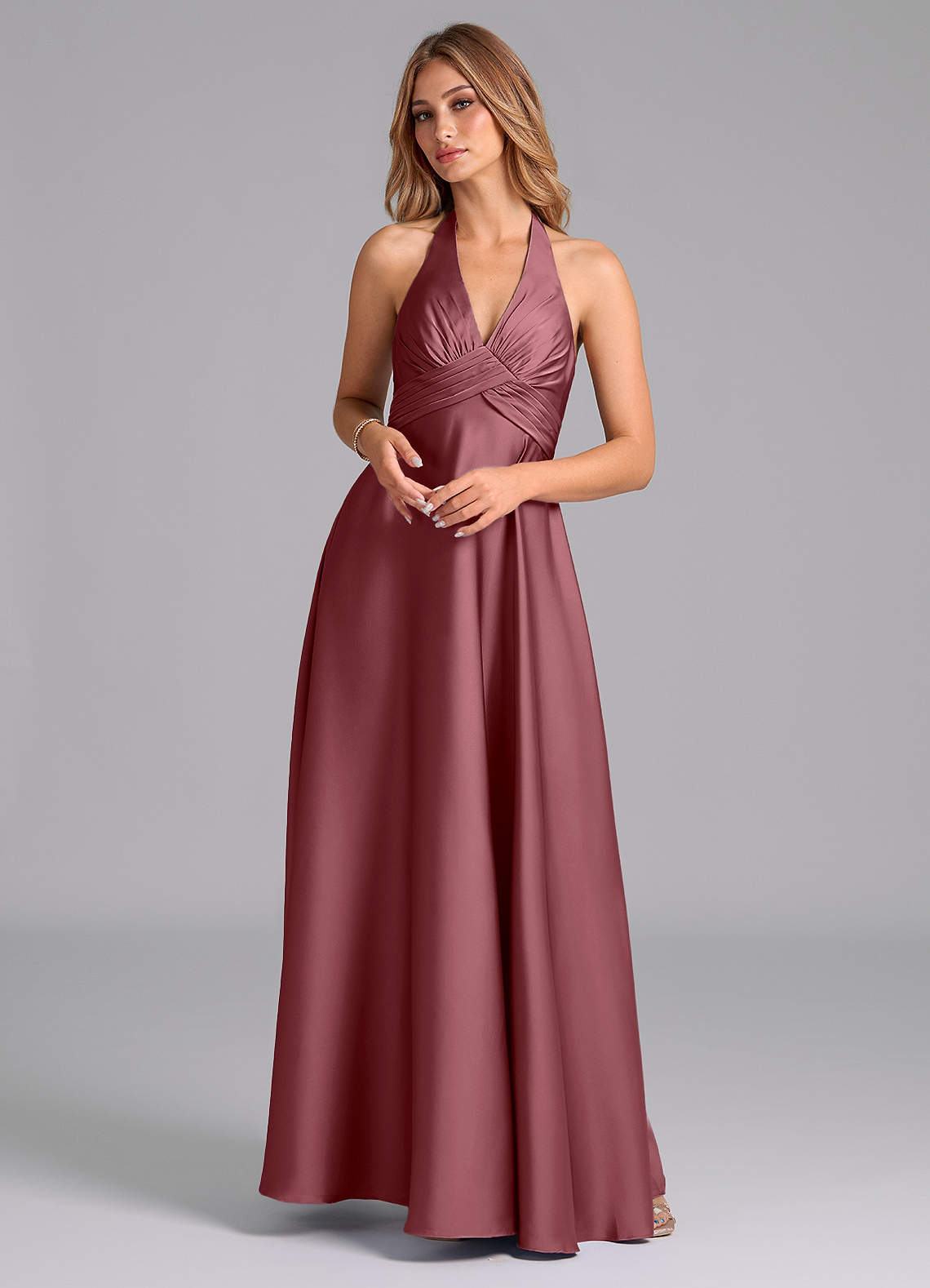 Azazie Tessie Bridesmaid Dresses Desert Rose A-Line Pleated Stretch Satin Dress image1