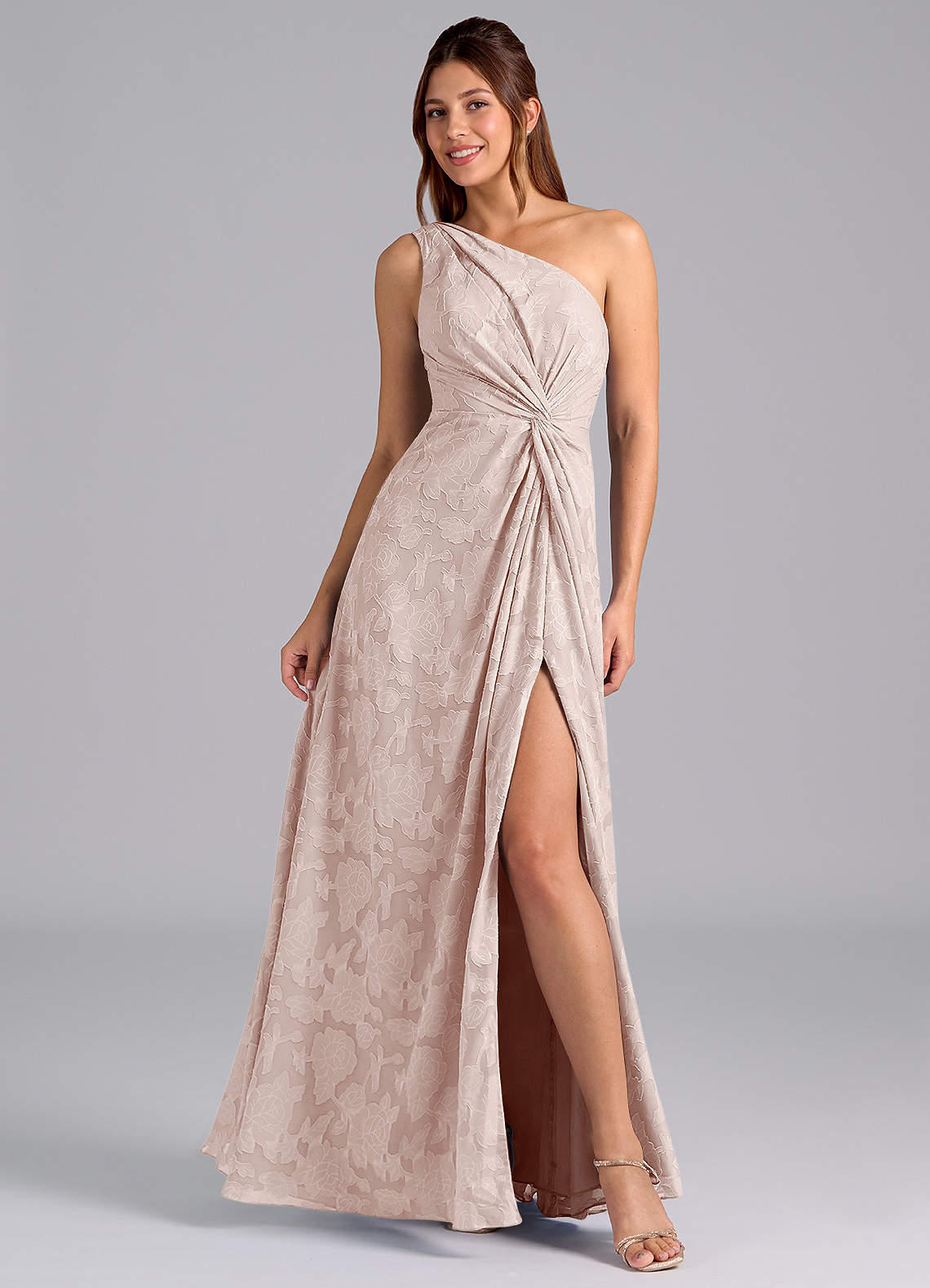 Azazie Brooke Bridesmaid Dresses Blushing Pink A-Line One Shoulder Floral Burnout Dress image1