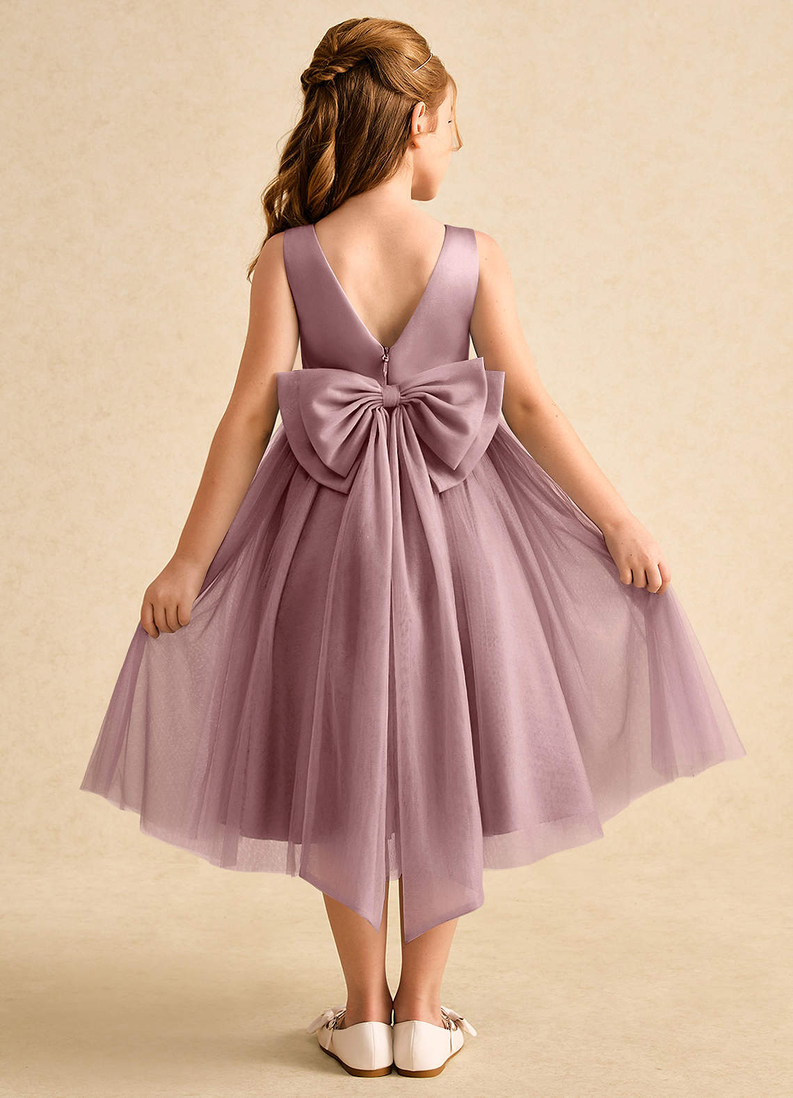Azazie Winnie Flower Girl Dresses Dusty Rose Ball-Gown Bow Tulle Dress image1