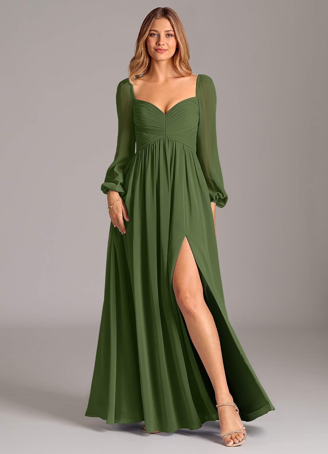 Azazie Bailee Bridesmaid Dresses Olive A-Line Long Sleeve Chiffon Dress image1