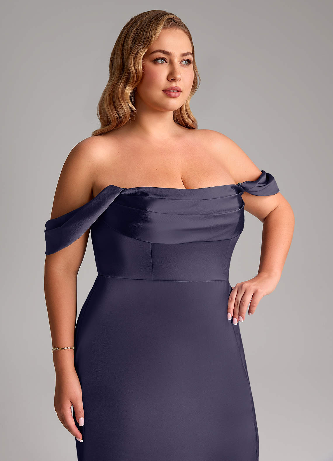 Azazie Saige Bridesmaid Dresses Stormy Sheath Off the Shoulder Stretch Satin Dress image13