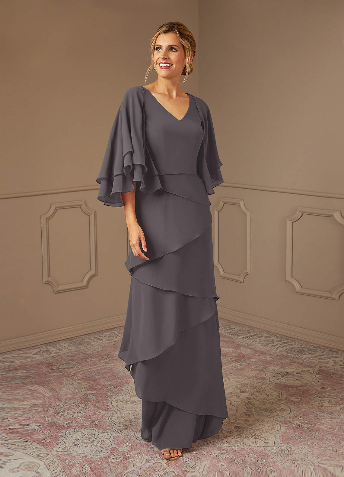 Azazie OHara Mother of the Bride Dresses Steel Grey A-Line V-Neck Chiffon Dress image1