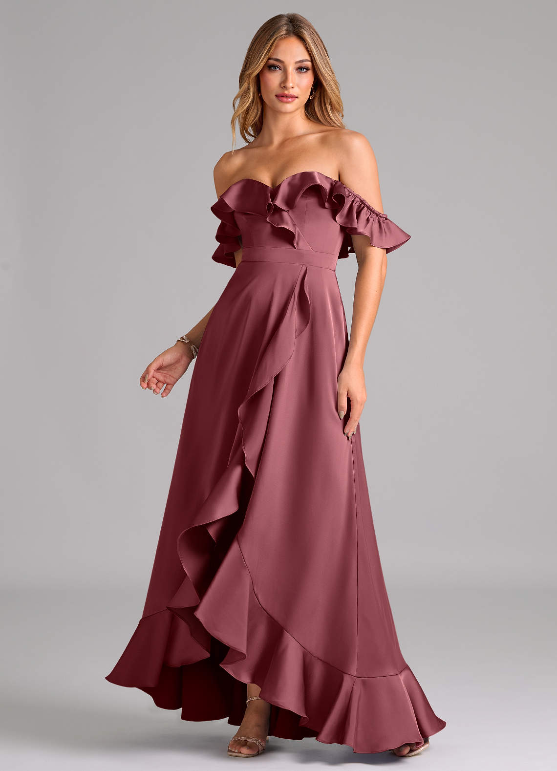 Azazie Lyra Bridesmaid Dresses Desert Rose A-Line Off the Shoulder Stretch Satin Convertible Dress image1