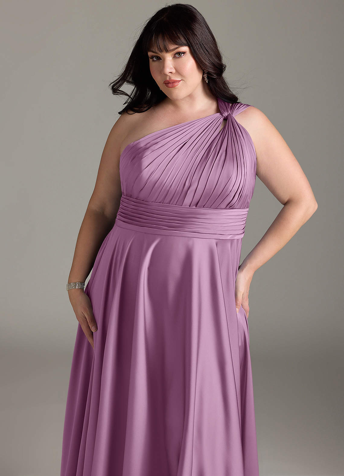 Azazie Charlize Bridesmaid Dresses Wisteria A-Line One Shoulder Stretch Satin Dress image13