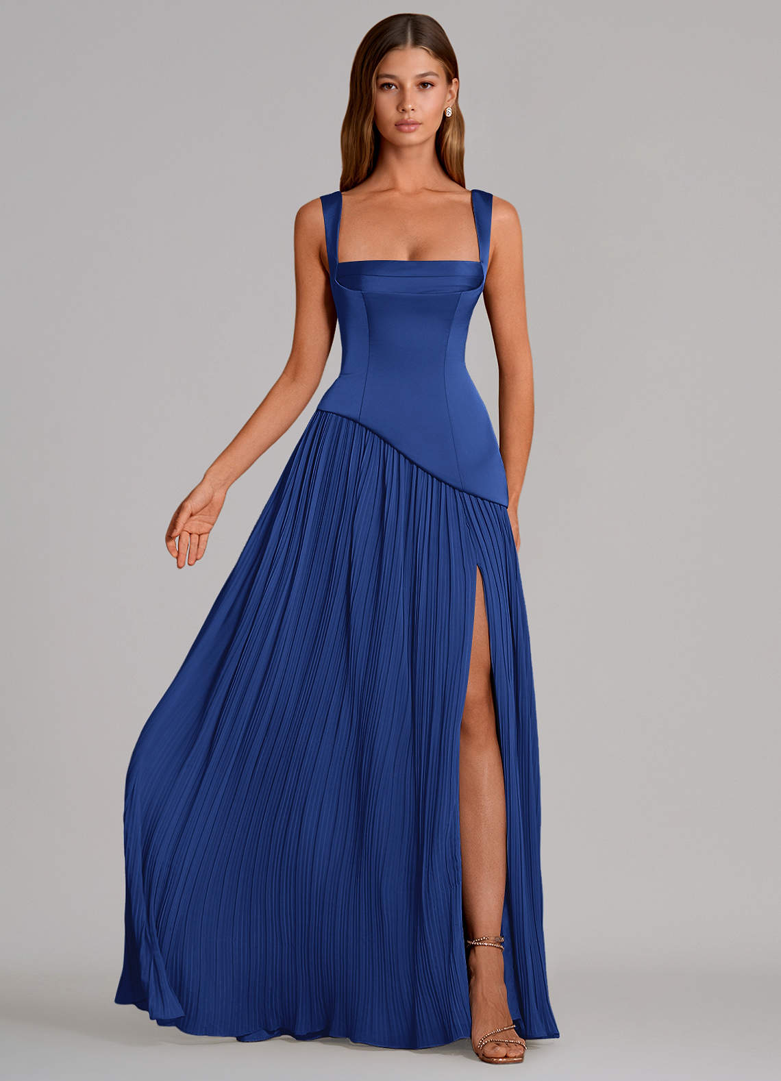 Azazie Stephanie Vestidos de madrinha de casamento Vestido Royal Blue de Cetim elástico de Linha A com Plissado image3