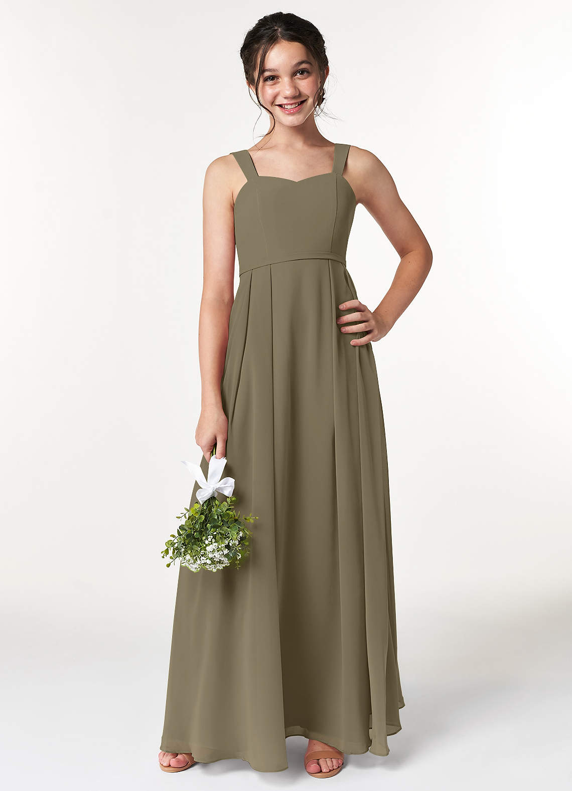 Azazie Simoan Junior Abito A-Line in Chiffon Scollo a Cuore Willow Green image1