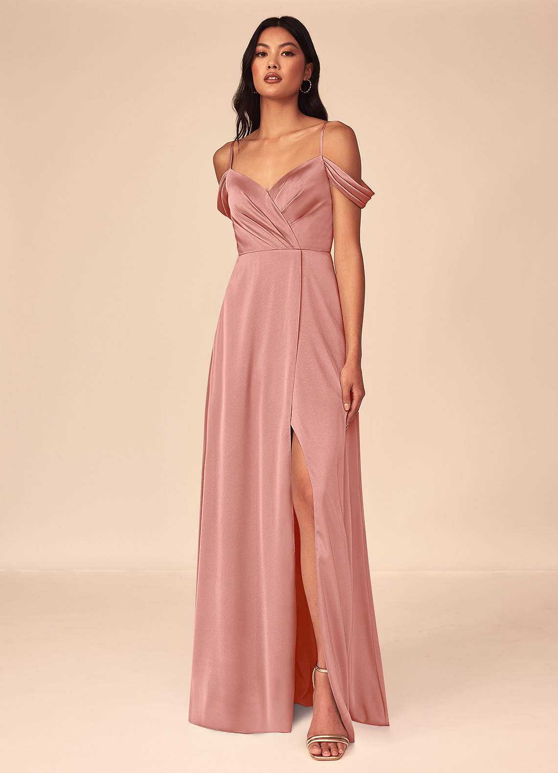 Azazie Ocean Bridesmaid Dresses Rosette A-Line V-Neck Pleated Stretch Satin Dress image1
