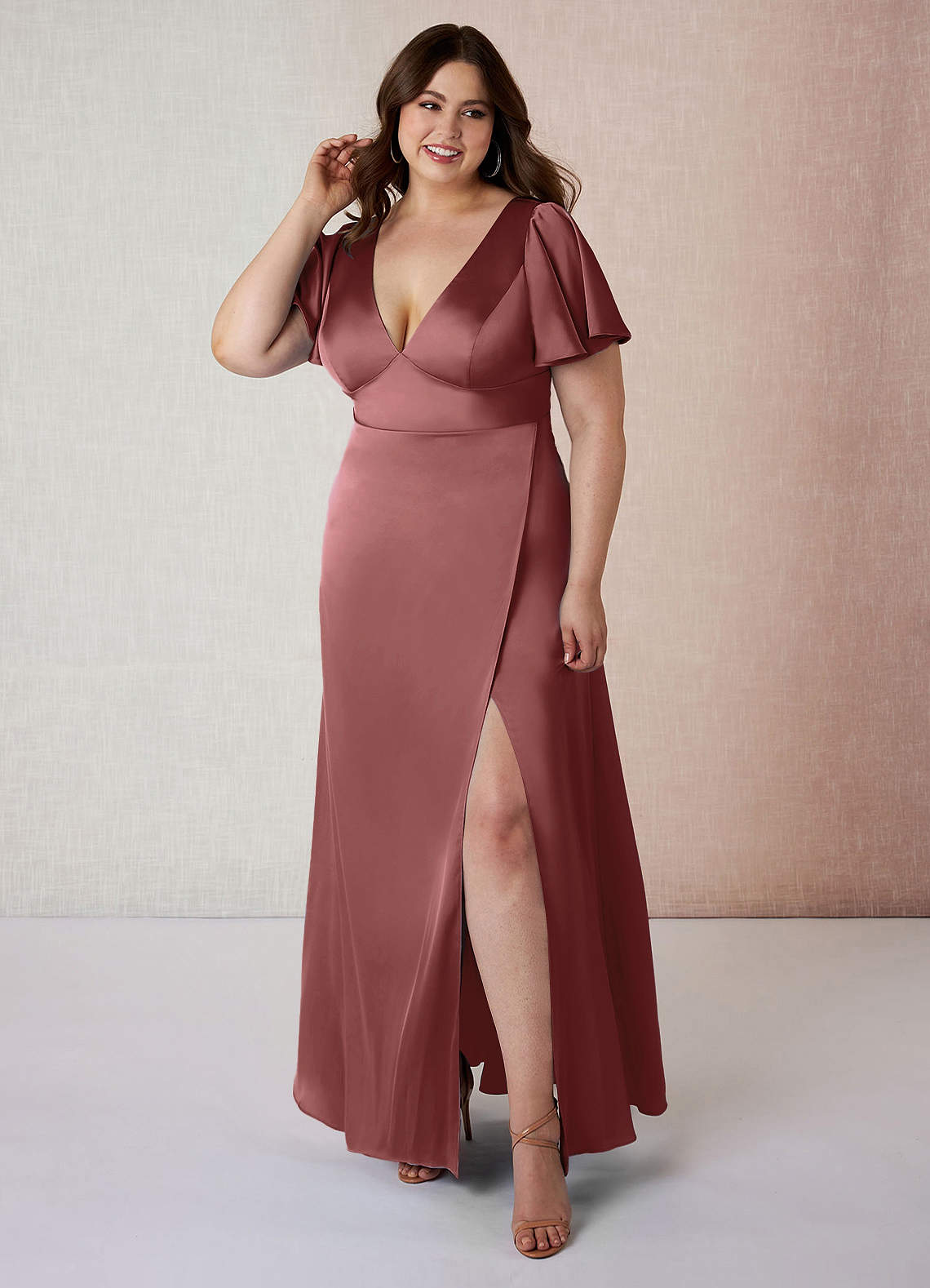 Azazie Lani Bridesmaid Dresses Amethyst A-Line Flounce Sleeve Stretch Satin Dress image1